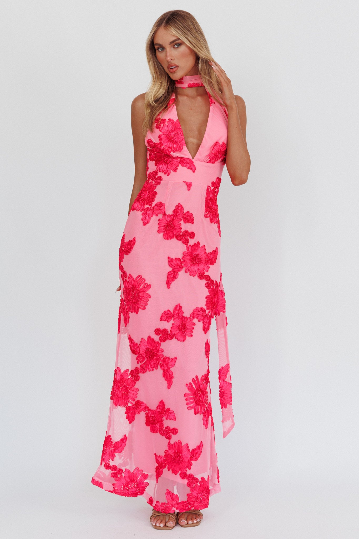 Cipriana Backless Halter Maxi Dress Embellished Pink-Fable Dress