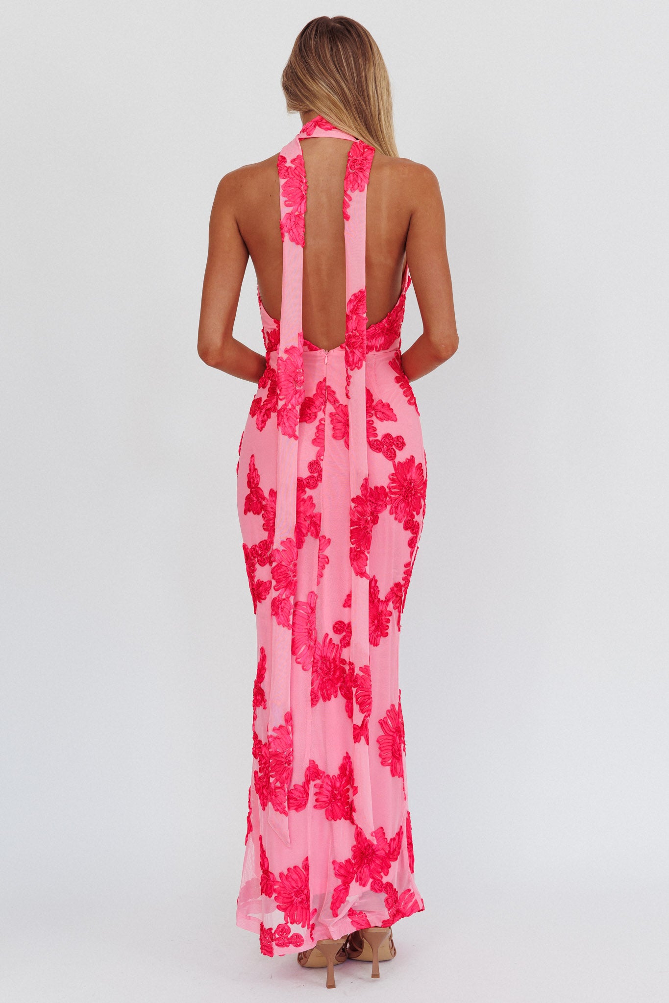 Cipriana Backless Halter Maxi Dress Embellished Pink-Fable Dress