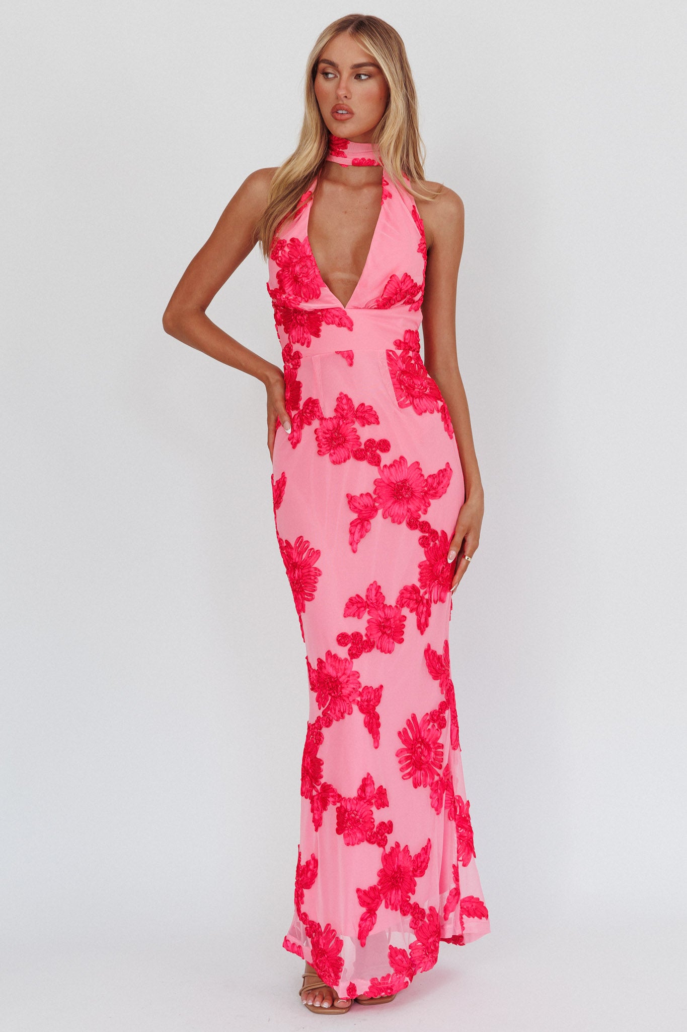 Cipriana Backless Halter Maxi Dress Embellished Pink-Fable Dress