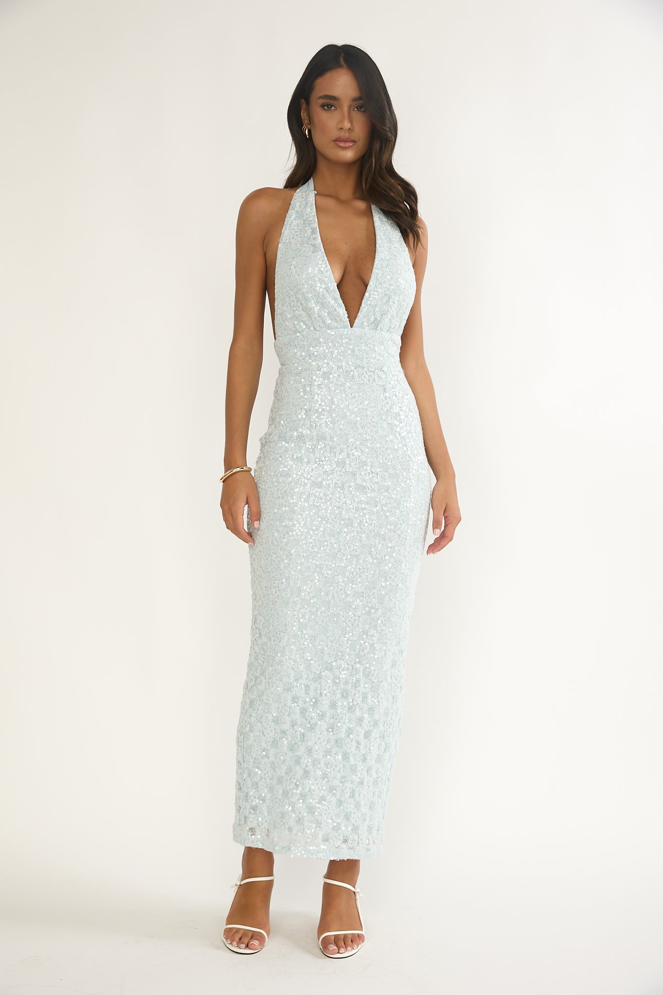 Cipriana Backless Halter Maxi Dress Sequin Blue-Fable Dress