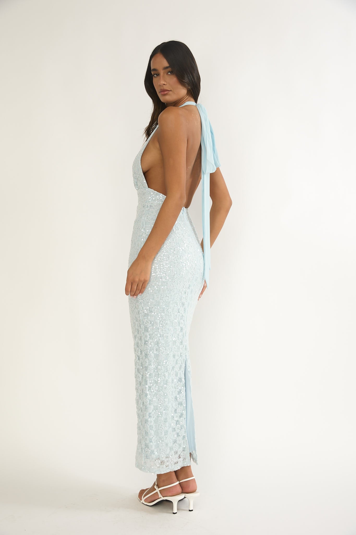 Cipriana Backless Halter Maxi Dress Sequin Blue-Fable Dress