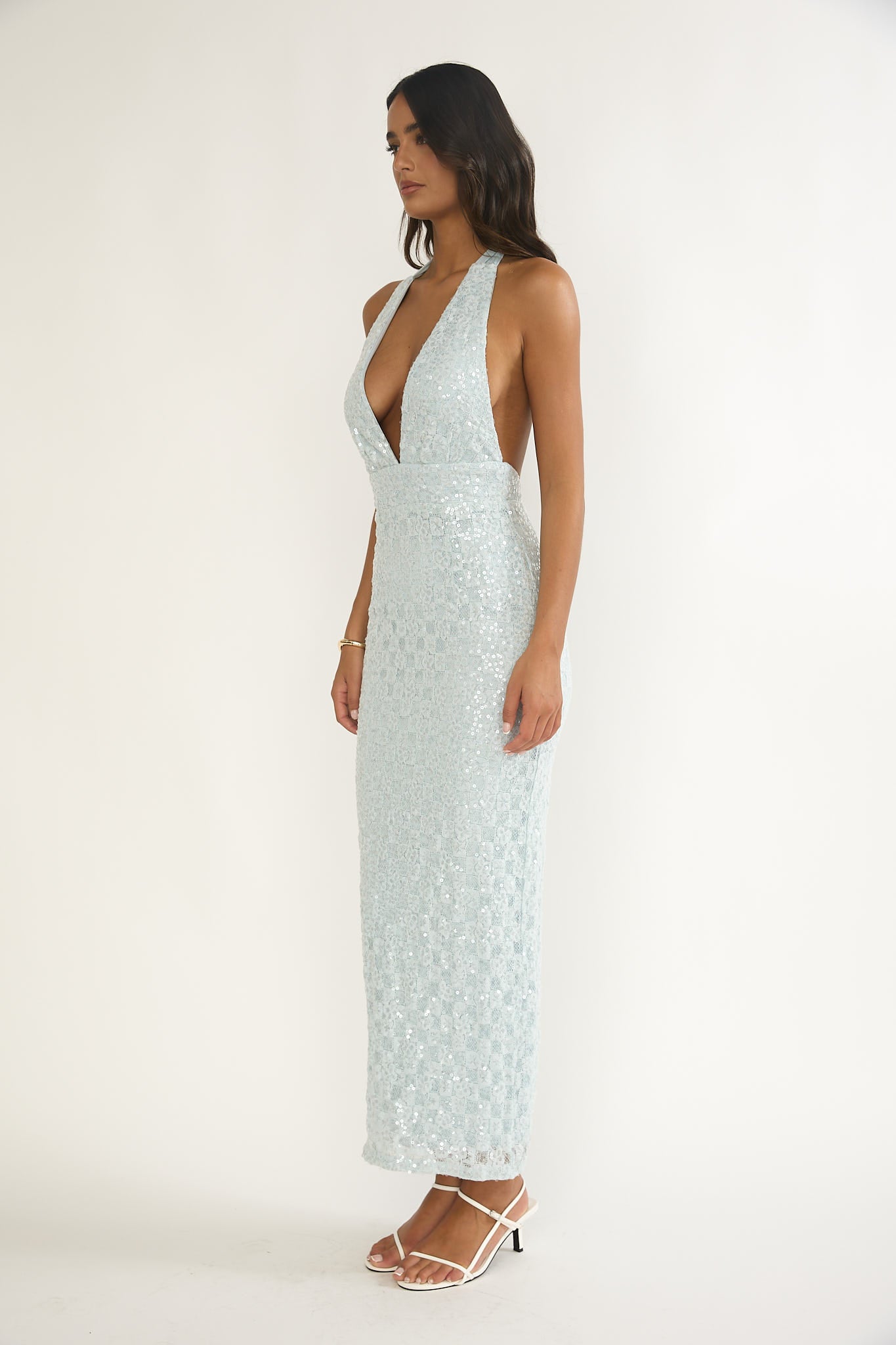Cipriana Backless Halter Maxi Dress Sequin Blue-Fable Dress