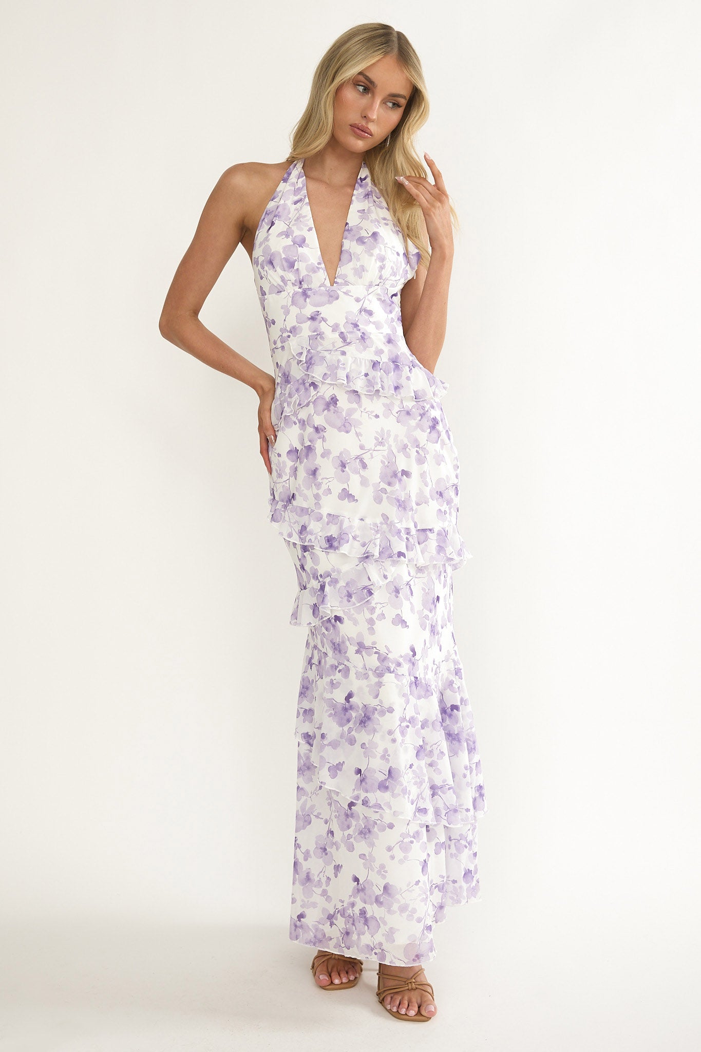 Cipriana Frill Trim Halter Maxi Dress Floral Purple-Fable Dress