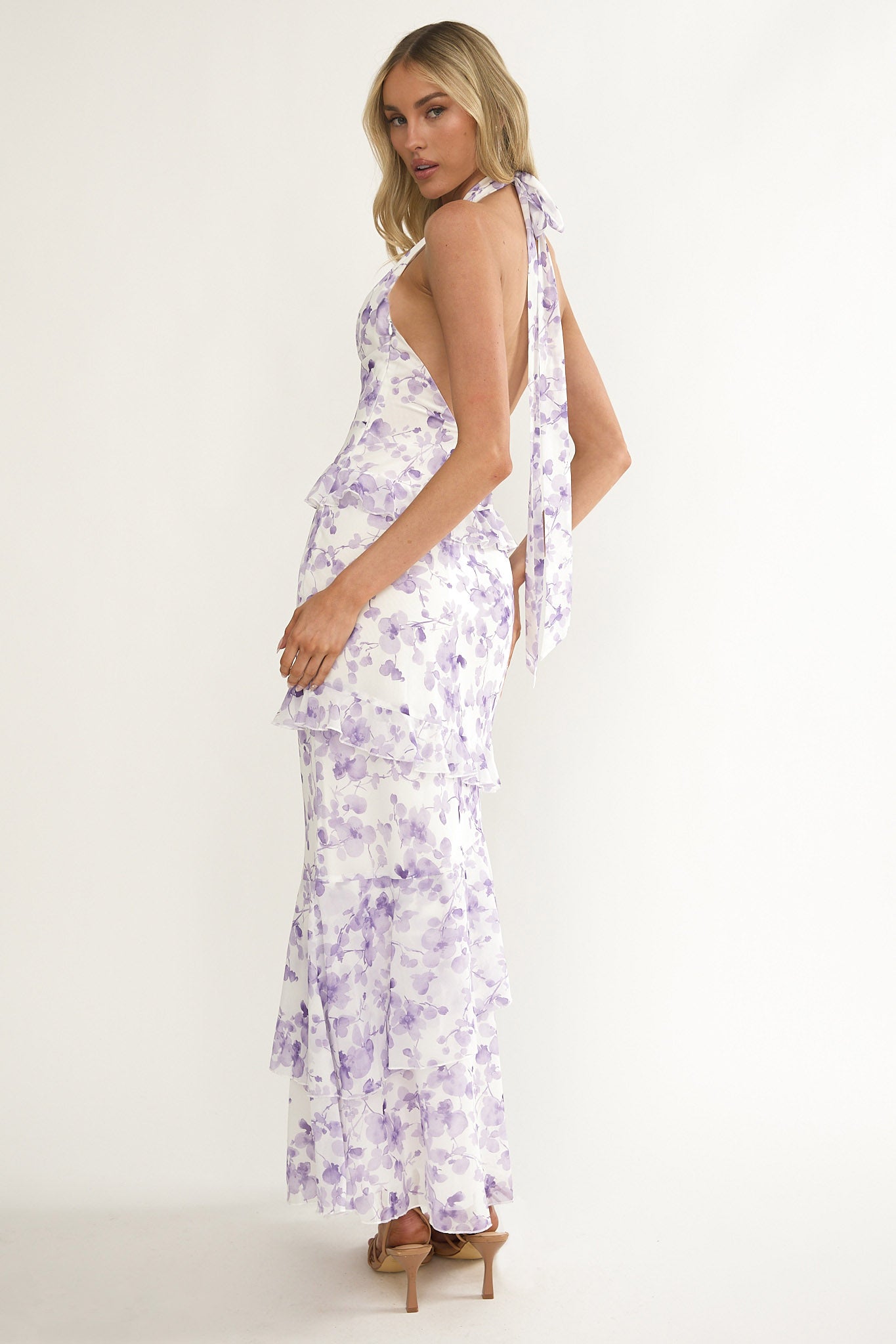 Cipriana Frill Trim Halter Maxi Dress Floral Purple-Fable Dress