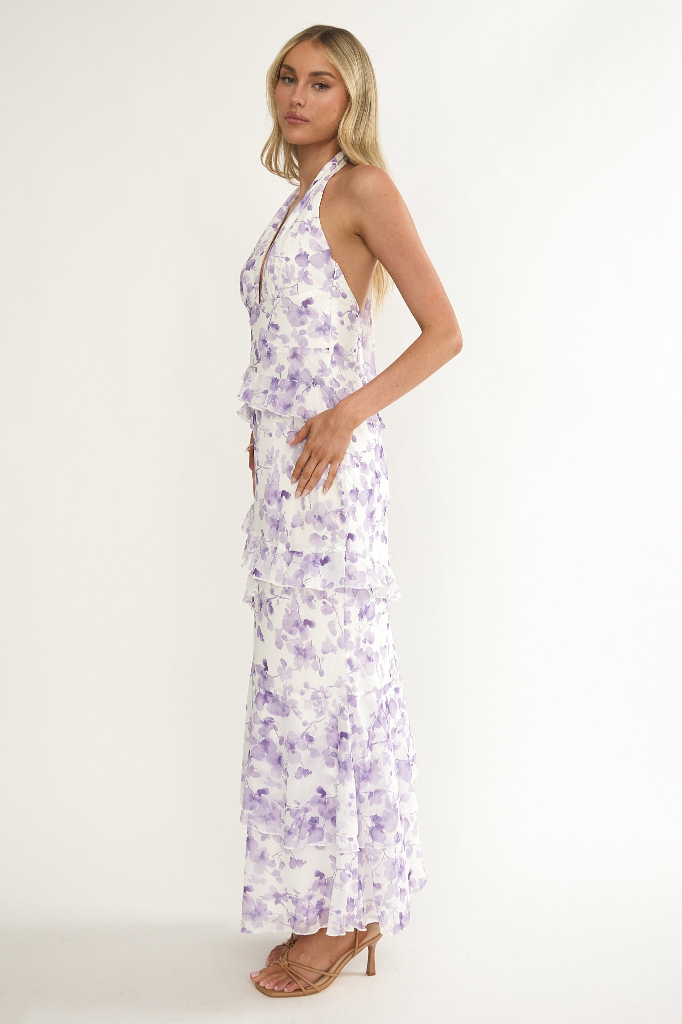 Cipriana Frill Trim Halter Maxi Dress Floral Purple-Fable Dress