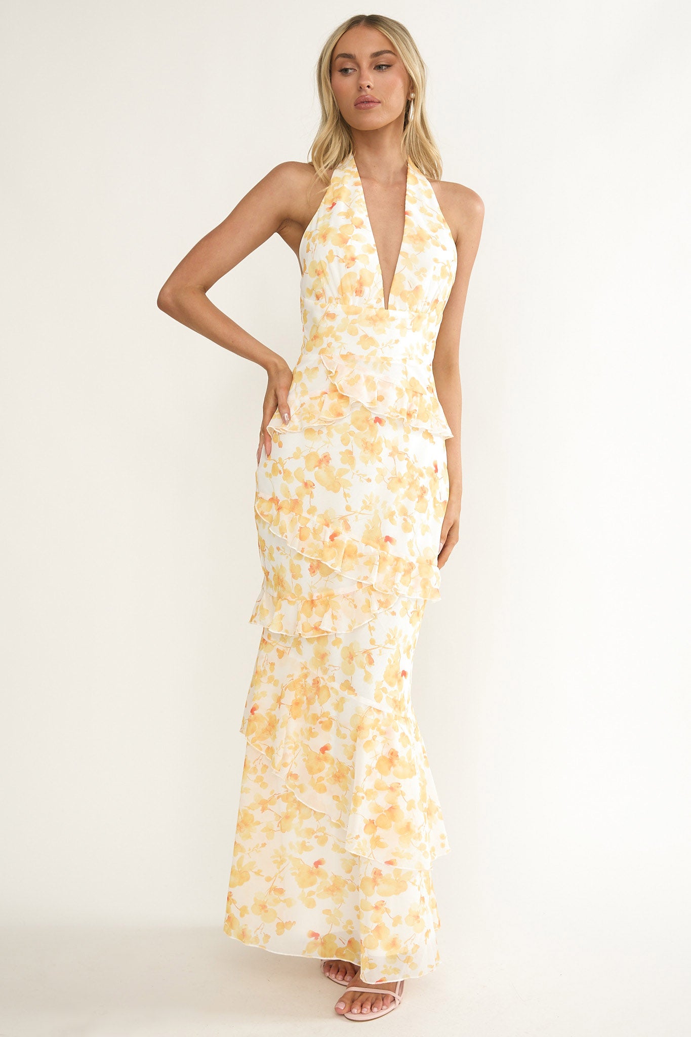 Cipriana Frill Trim Halter Maxi Dress Floral Yellow-Fable Dress