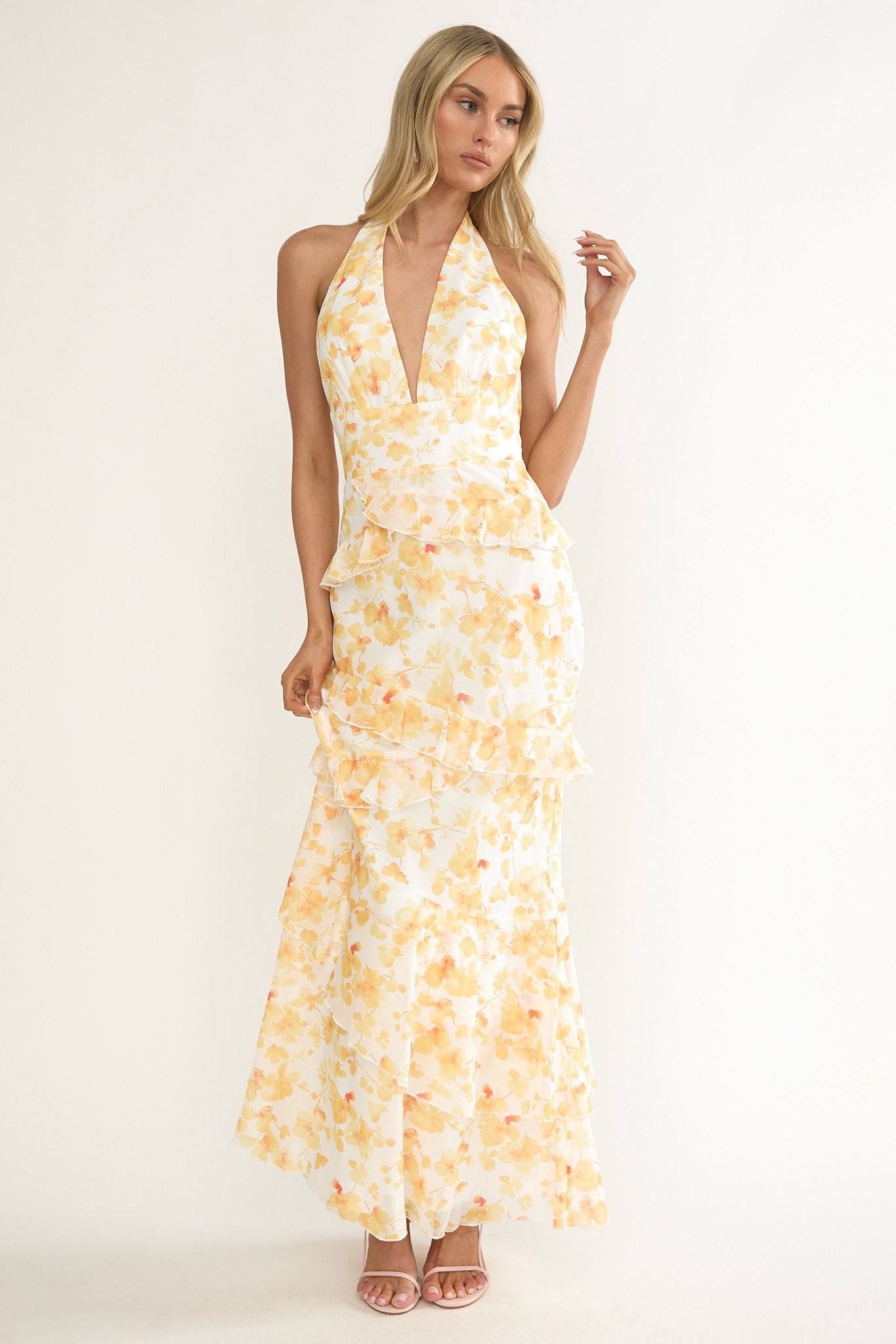 Cipriana Frill Trim Halter Maxi Dress Floral Yellow-Fable Dress