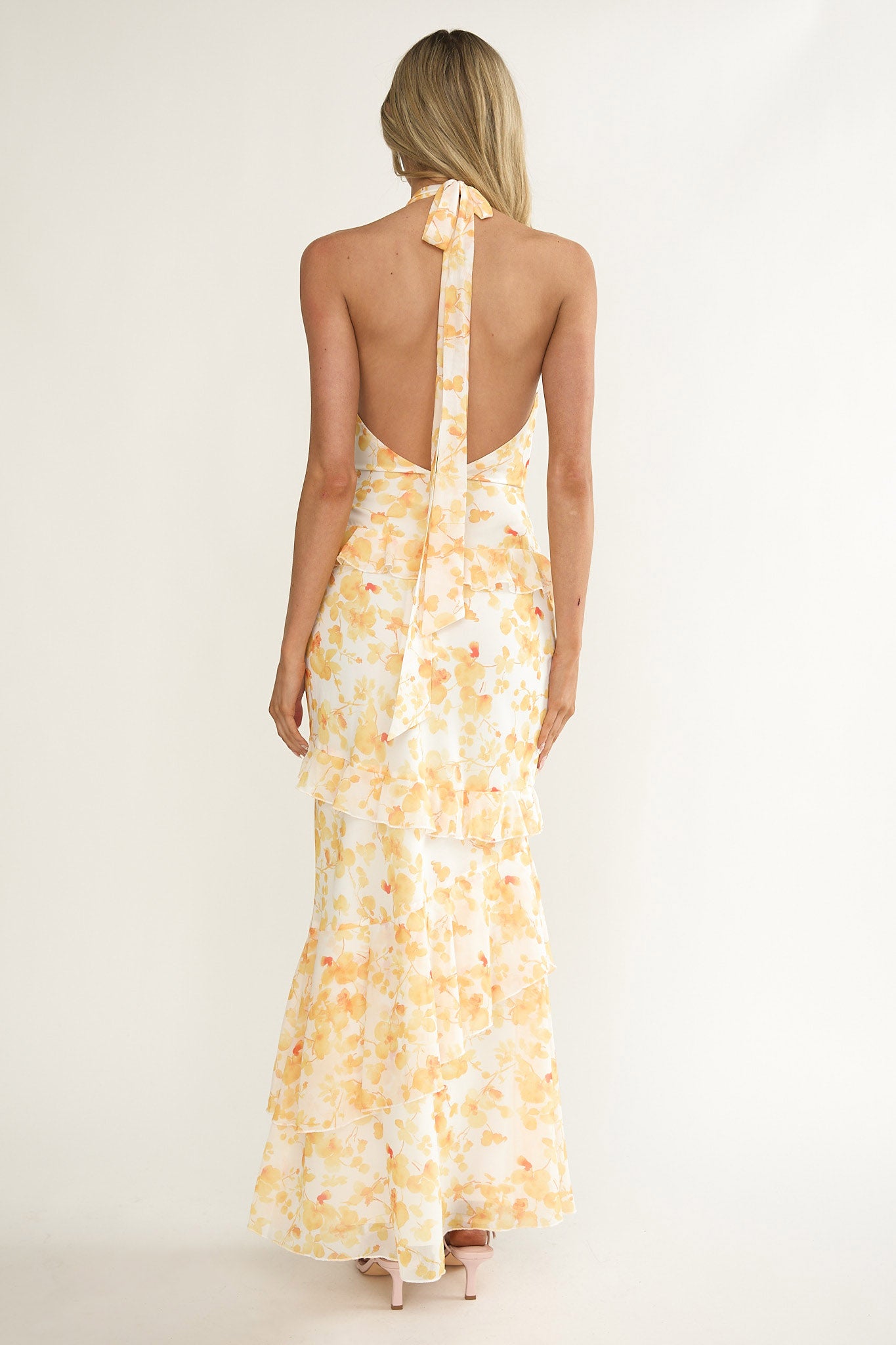 Cipriana Frill Trim Halter Maxi Dress Floral Yellow-Fable Dress