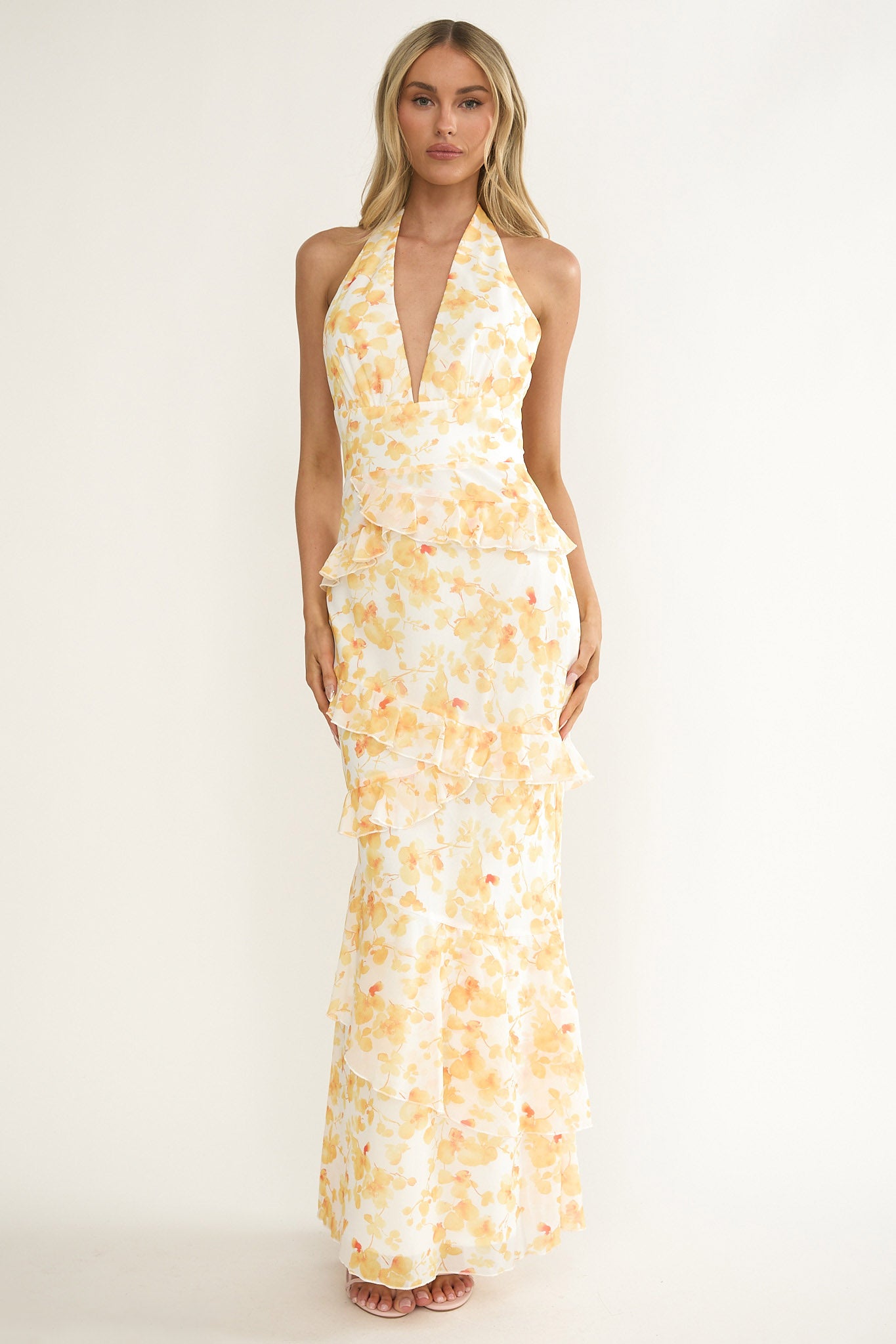 Cipriana Frill Trim Halter Maxi Dress Floral Yellow-Fable Dress