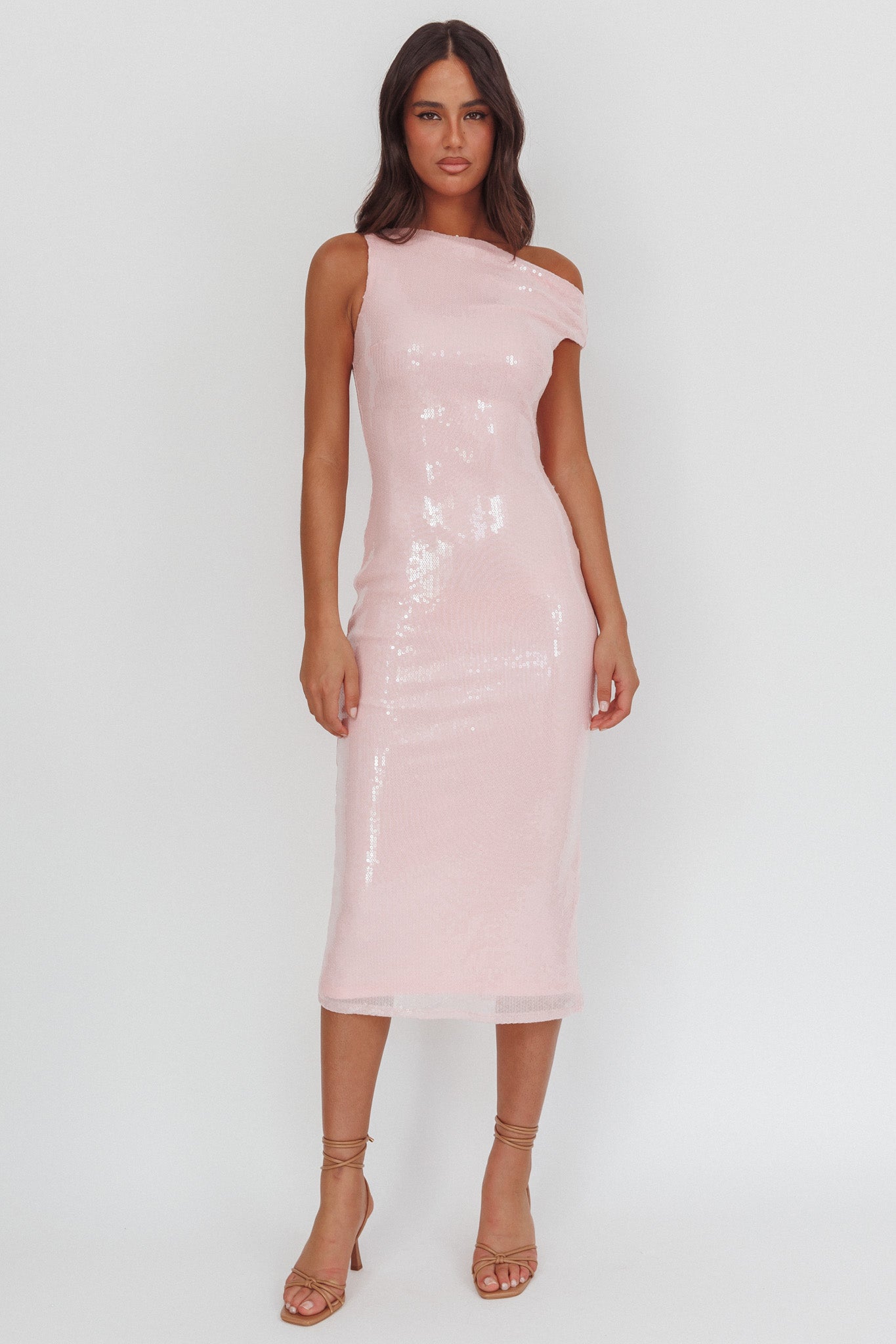 Country Club Asymmetric Neckline Midi Dress Sequin Blush-Fable Dress