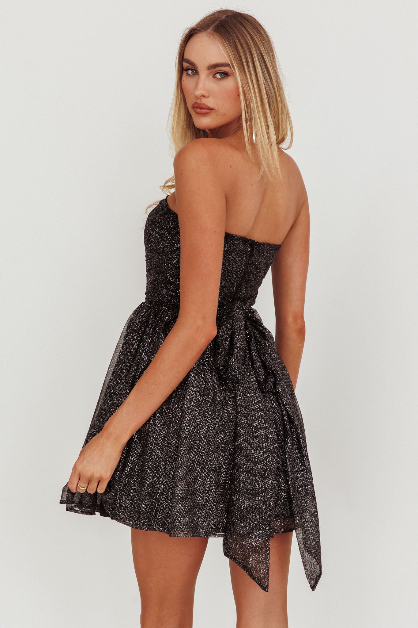 Guilty Pleasure Strapless Glitter Mini Dress Black-Fable Dress