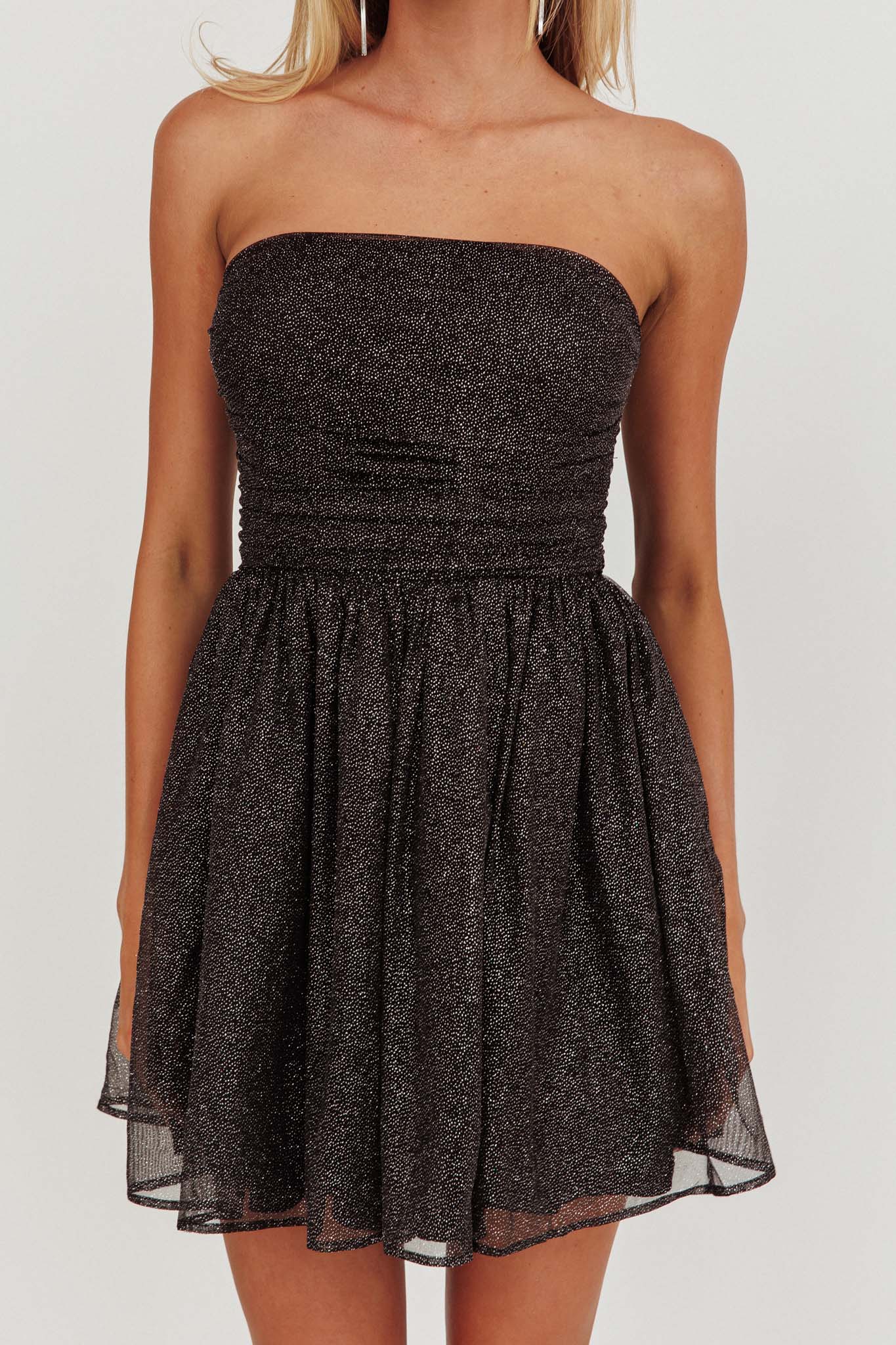 Guilty Pleasure Strapless Glitter Mini Dress Black-Fable Dress