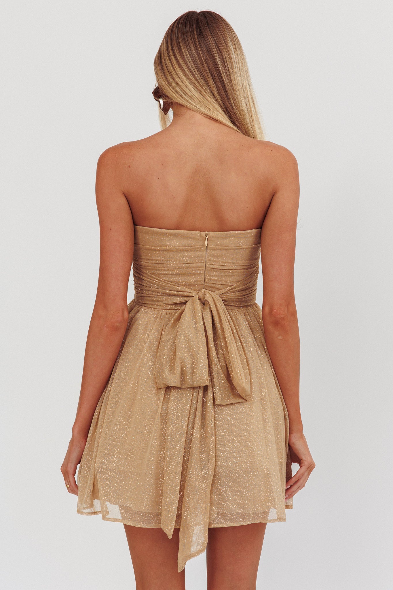 Guilty Pleasure Strapless Glitter Mini Dress Gold-Fable Dress