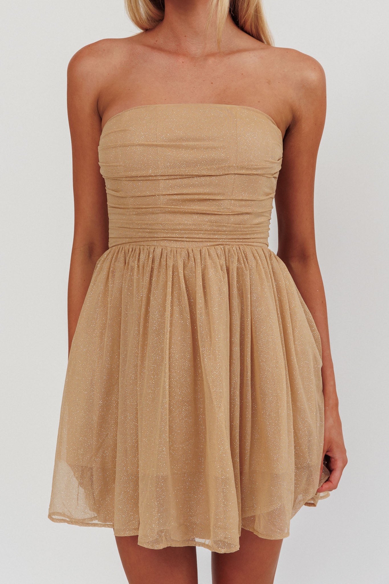 Guilty Pleasure Strapless Glitter Mini Dress Gold-Fable Dress