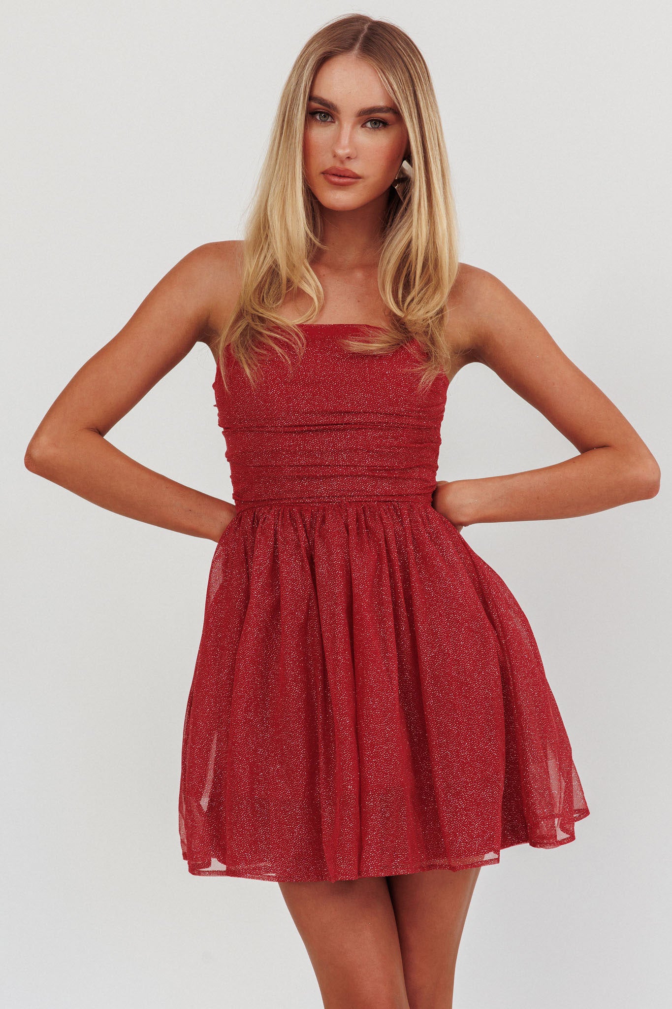 Guilty Pleasure Strapless Glitter Mini Dress Red-Fable Dress
