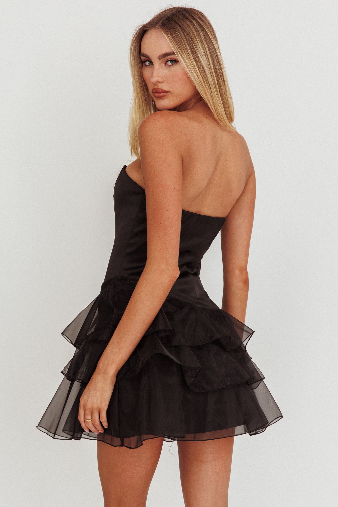 Bless Strapless Organza Ruffle Mini Dress Black-Fable Dress