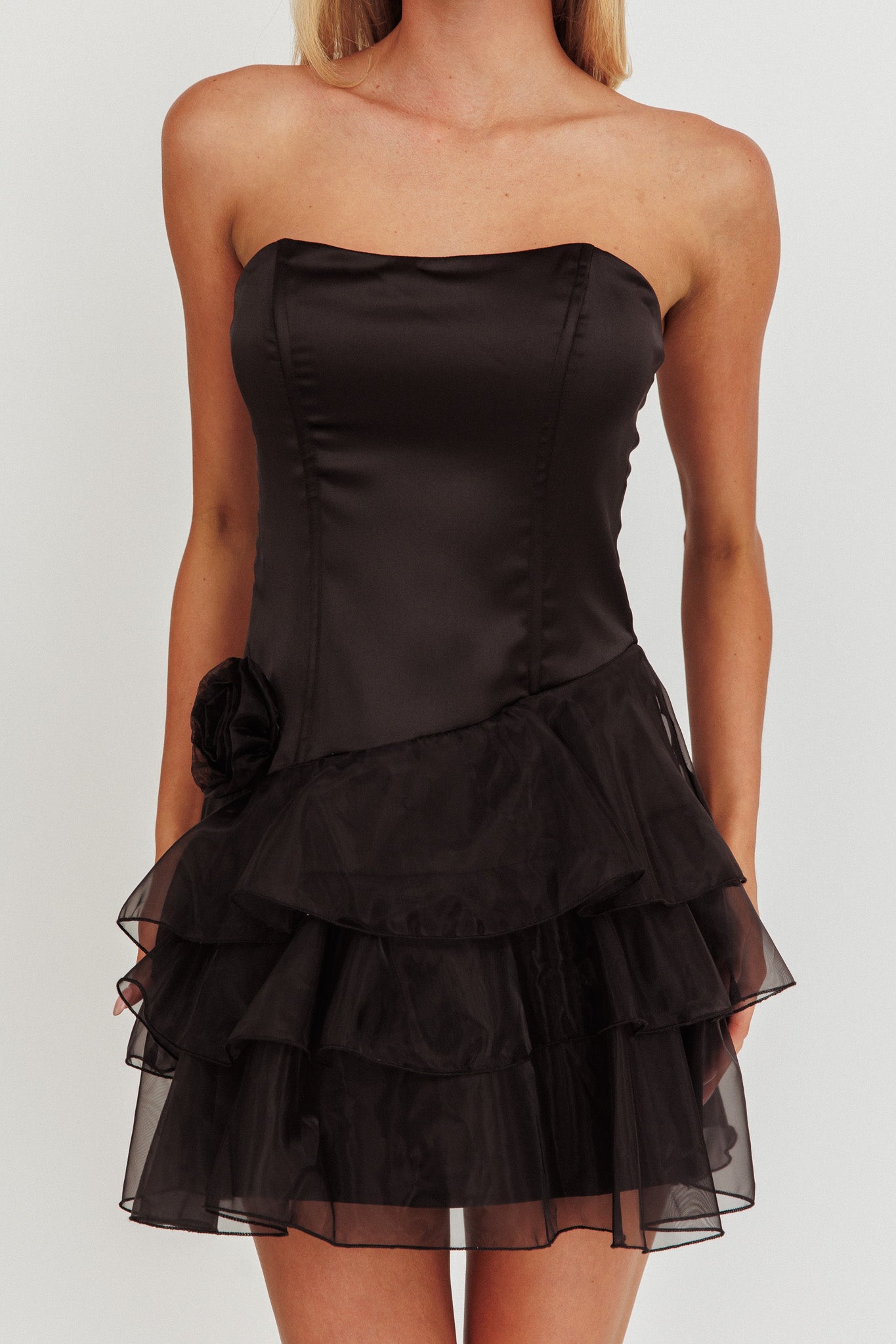 Bless Strapless Organza Ruffle Mini Dress Black-Fable Dress