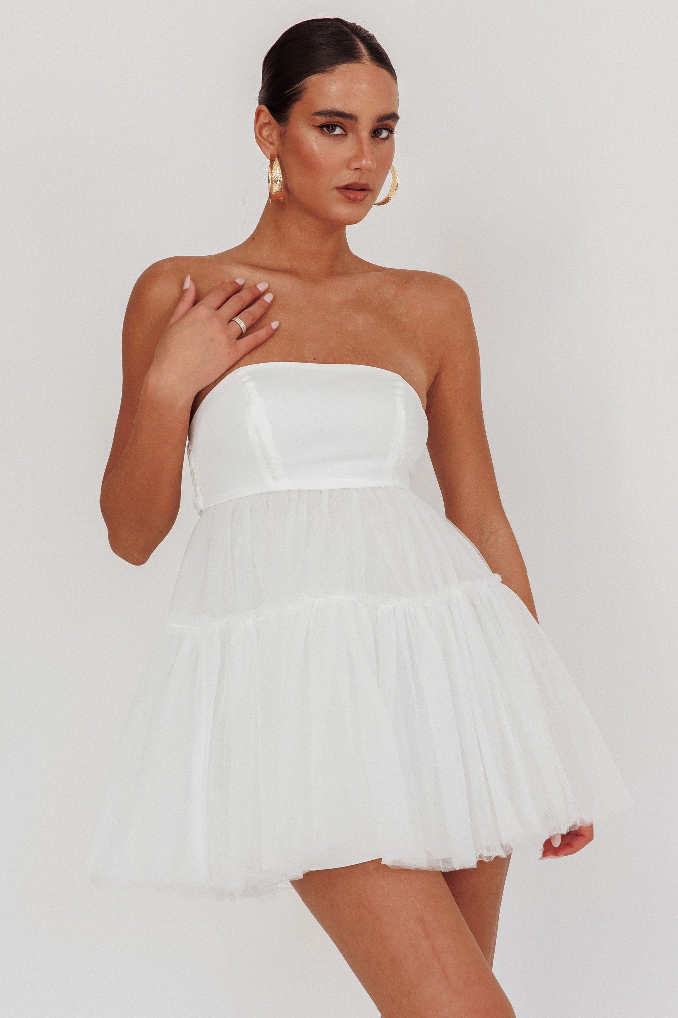 Dreamscape Strapless Tulle Mini Dress White-Fable Dress