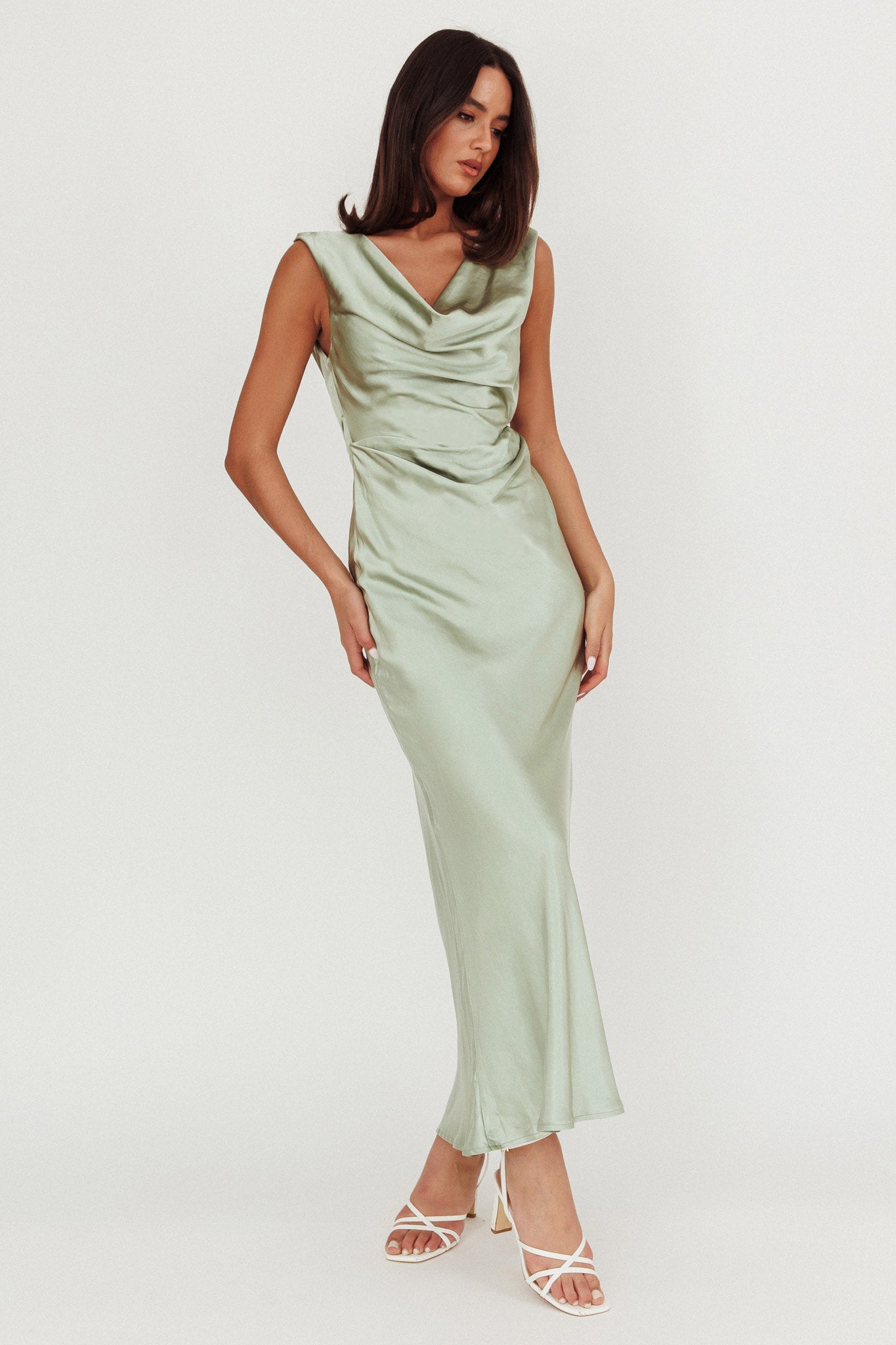 Chills Cowl Neck Satin Maxi Dress Sage-Fable Dress