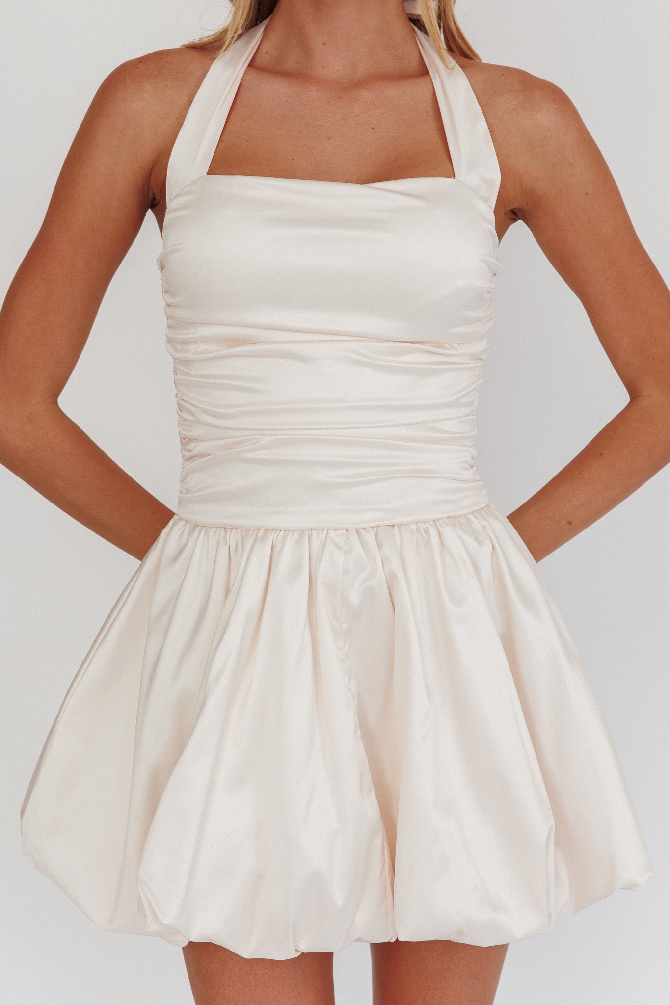 Angelico Halterneck Balloon Mini Dress Cream-Fable Dress