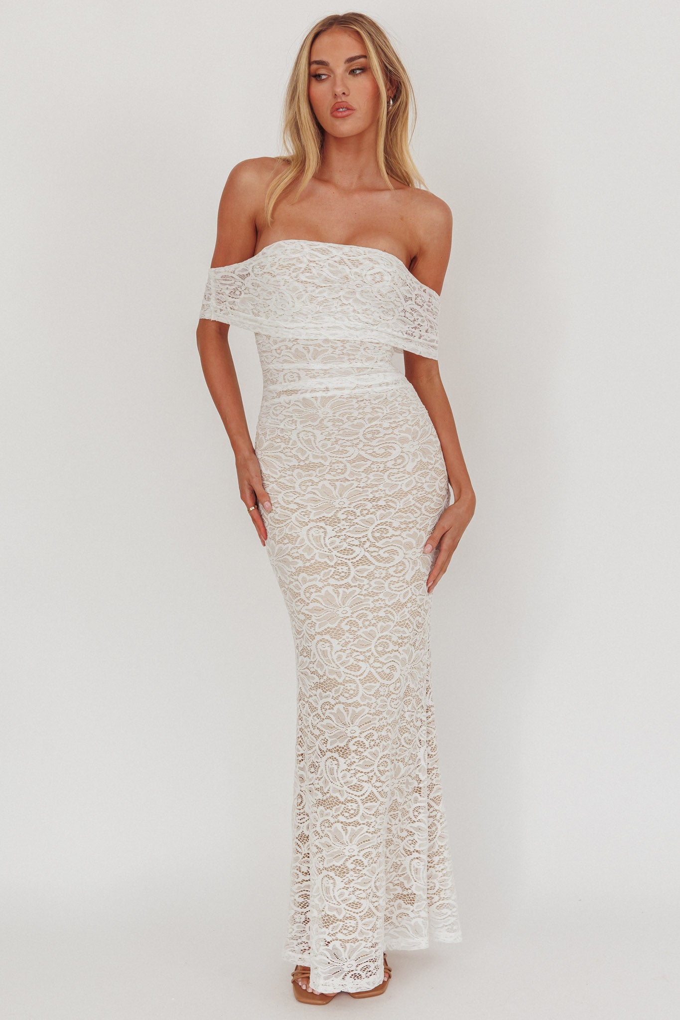 Flutters Off-Shoulder Lace Maxi Dress White-Fable Dress