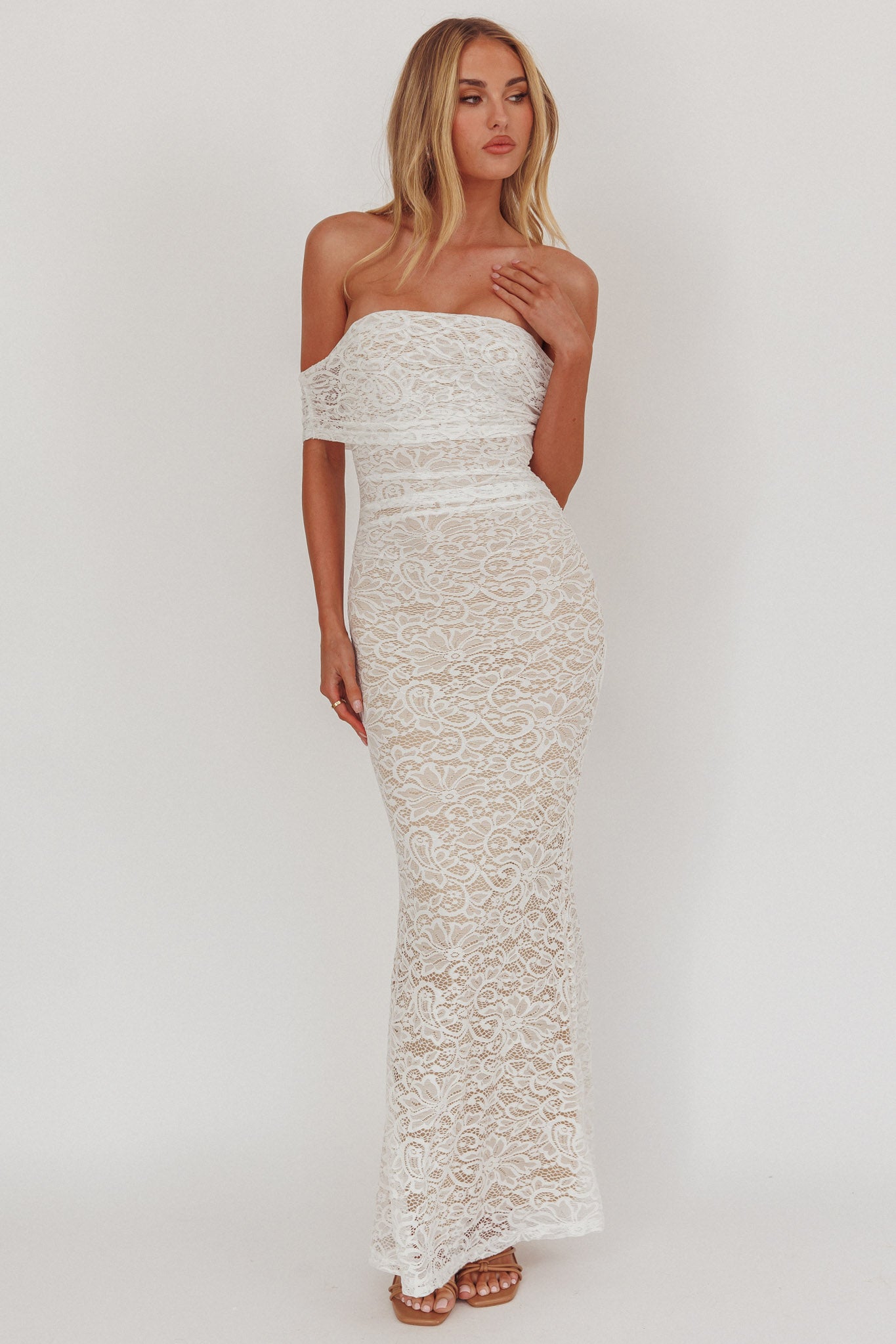 Flutters Off-Shoulder Lace Maxi Dress White-Fable Dress