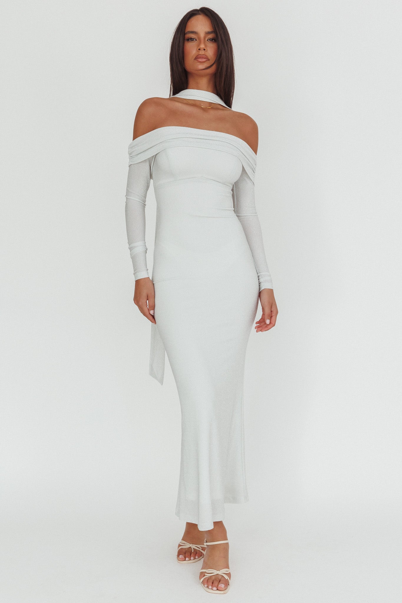 Flutters Off-Shoulder Long Sleeve Maxi Dress White-Fable Dress