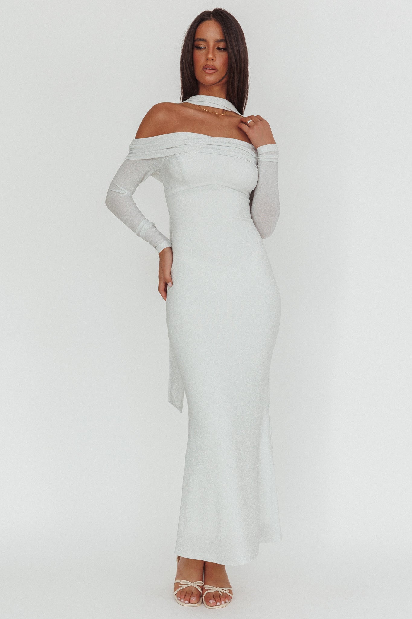 Flutters Off-Shoulder Long Sleeve Maxi Dress White-Fable Dress
