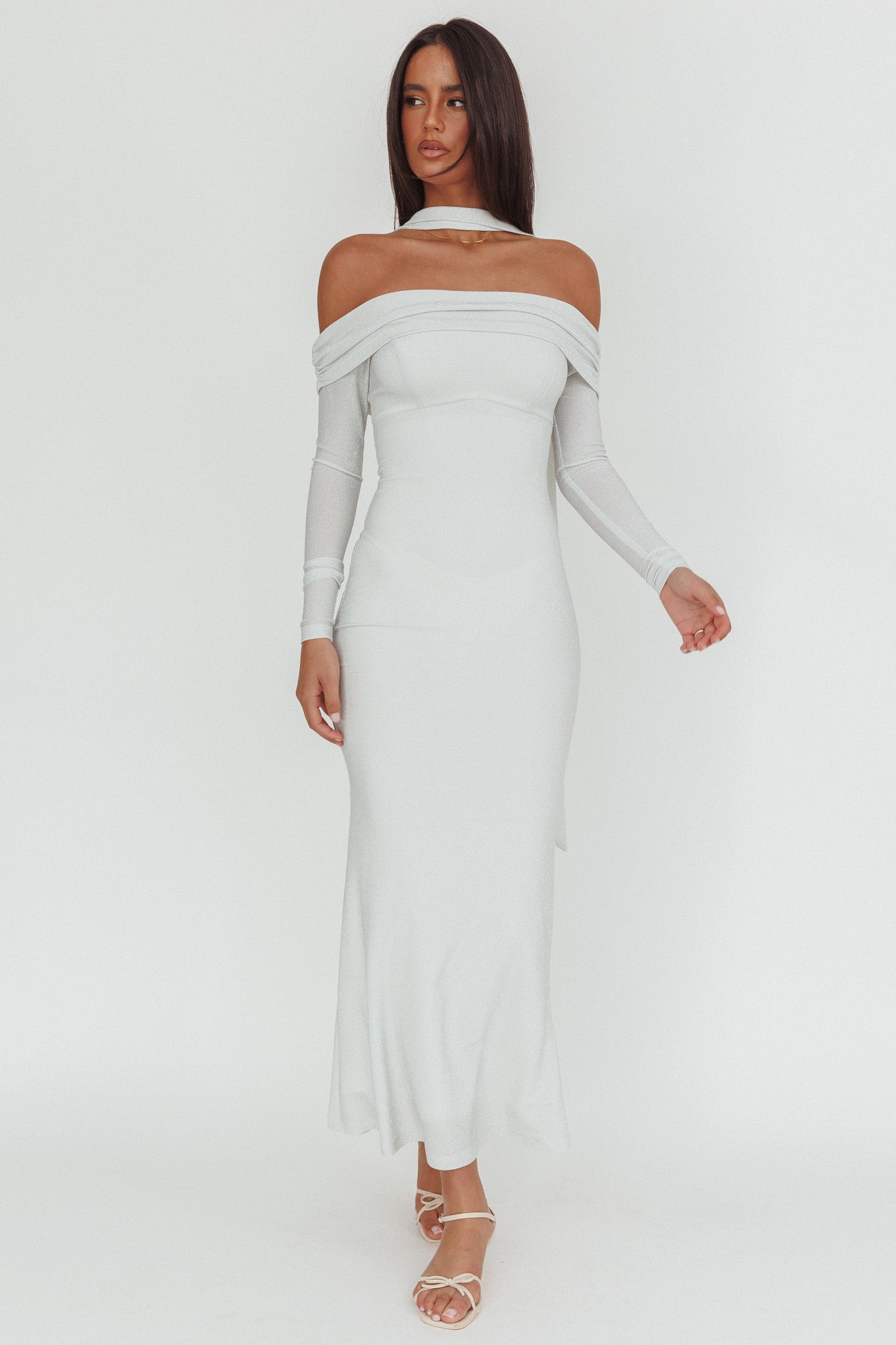Flutters Off-Shoulder Long Sleeve Maxi Dress White-Fable Dress