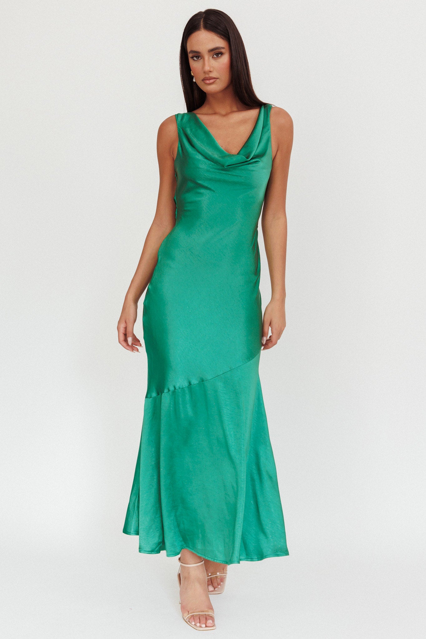 Cecilia Cowl Neck Drape Back Maxi Dress Emerald-Fable Dress