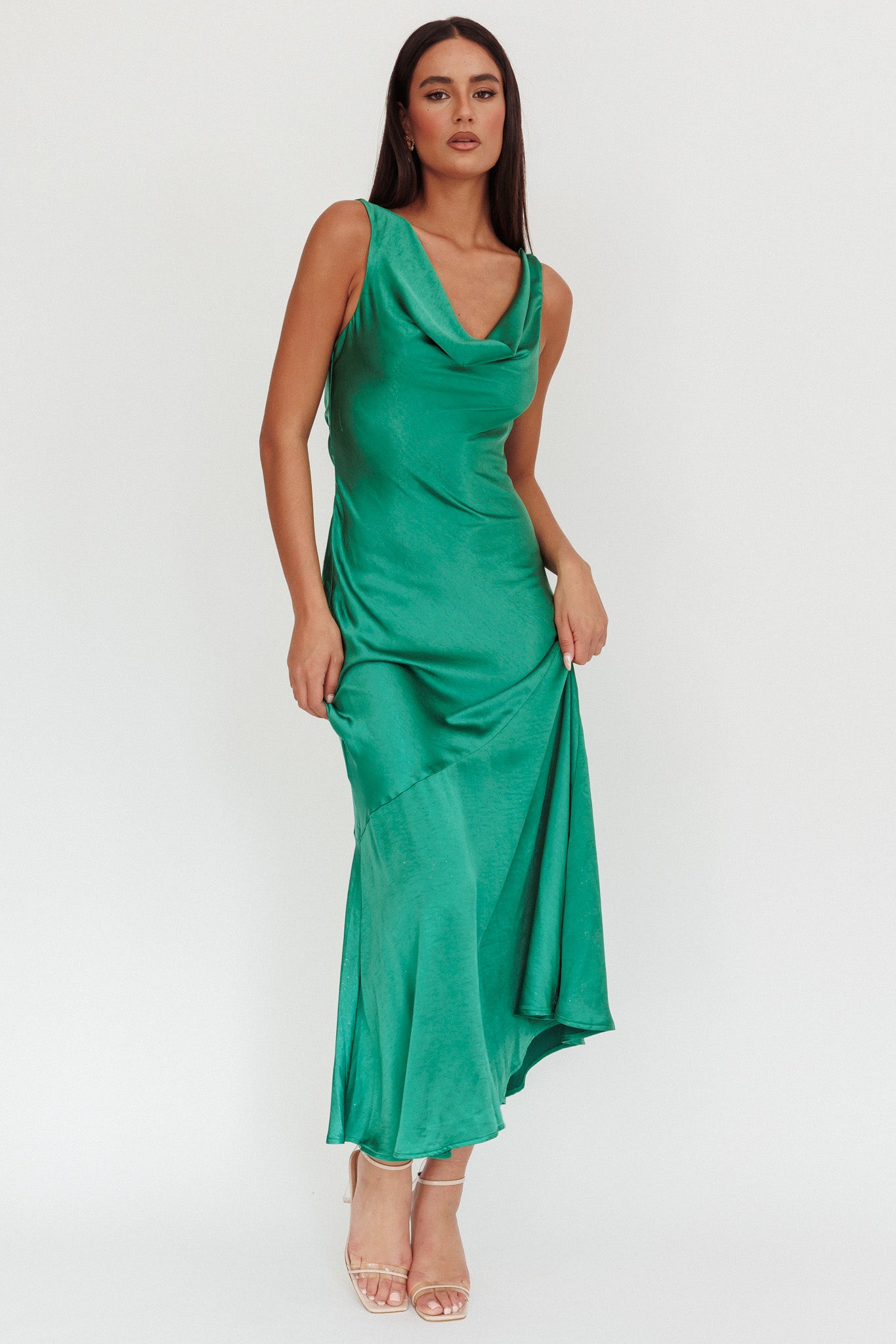 Cecilia Cowl Neck Drape Back Maxi Dress Emerald-Fable Dress
