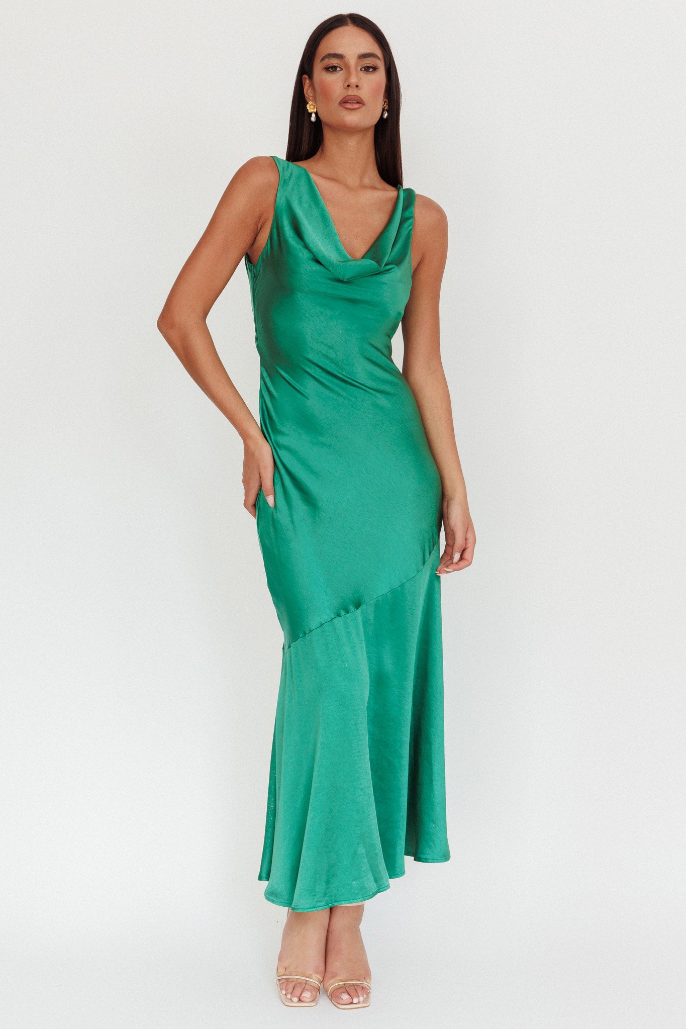 Cecilia Cowl Neck Drape Back Maxi Dress Emerald-Fable Dress