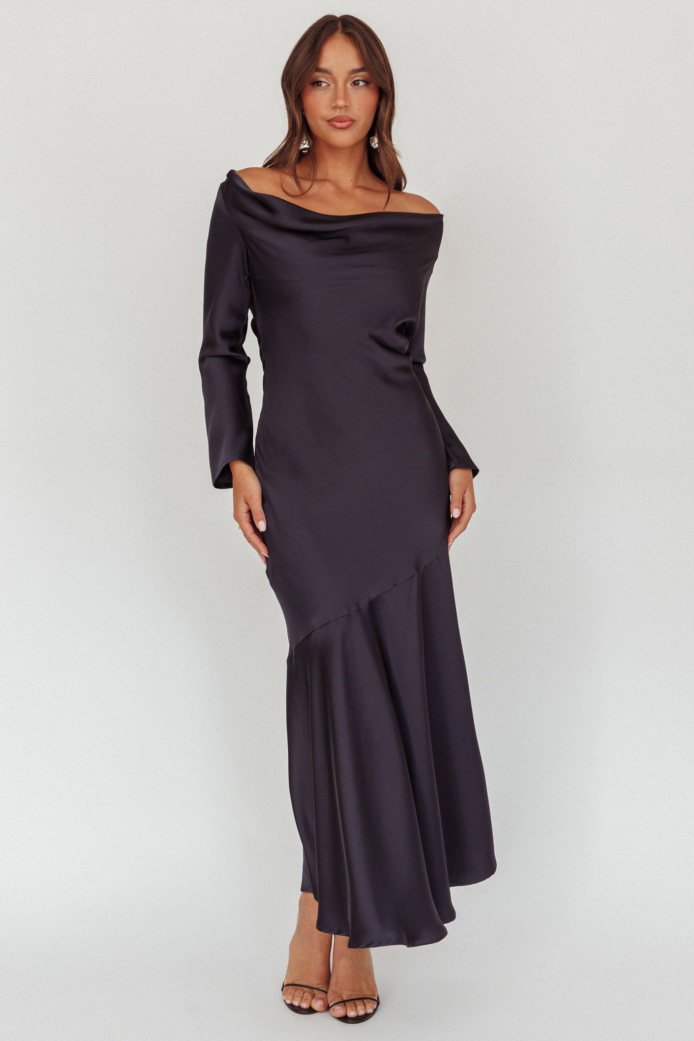 Cecilia Long Sleeve Drape Back Maxi Dress Navy-Fable Dress