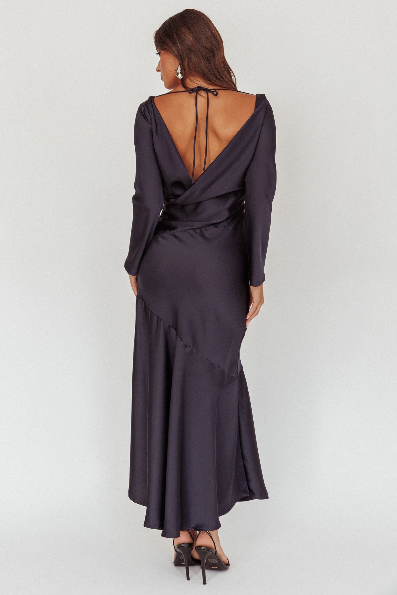 Cecilia Long Sleeve Drape Back Maxi Dress Navy-Fable Dress