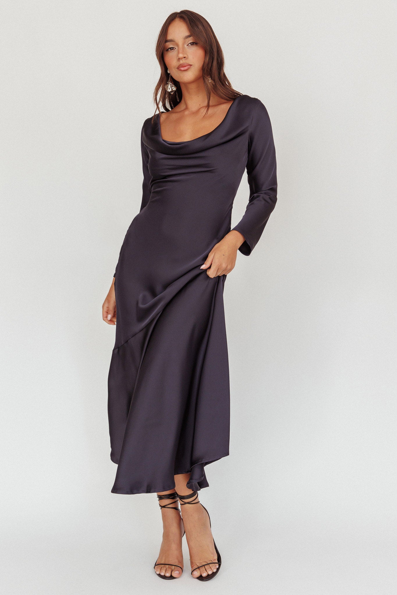 Cecilia Long Sleeve Drape Back Maxi Dress Navy-Fable Dress