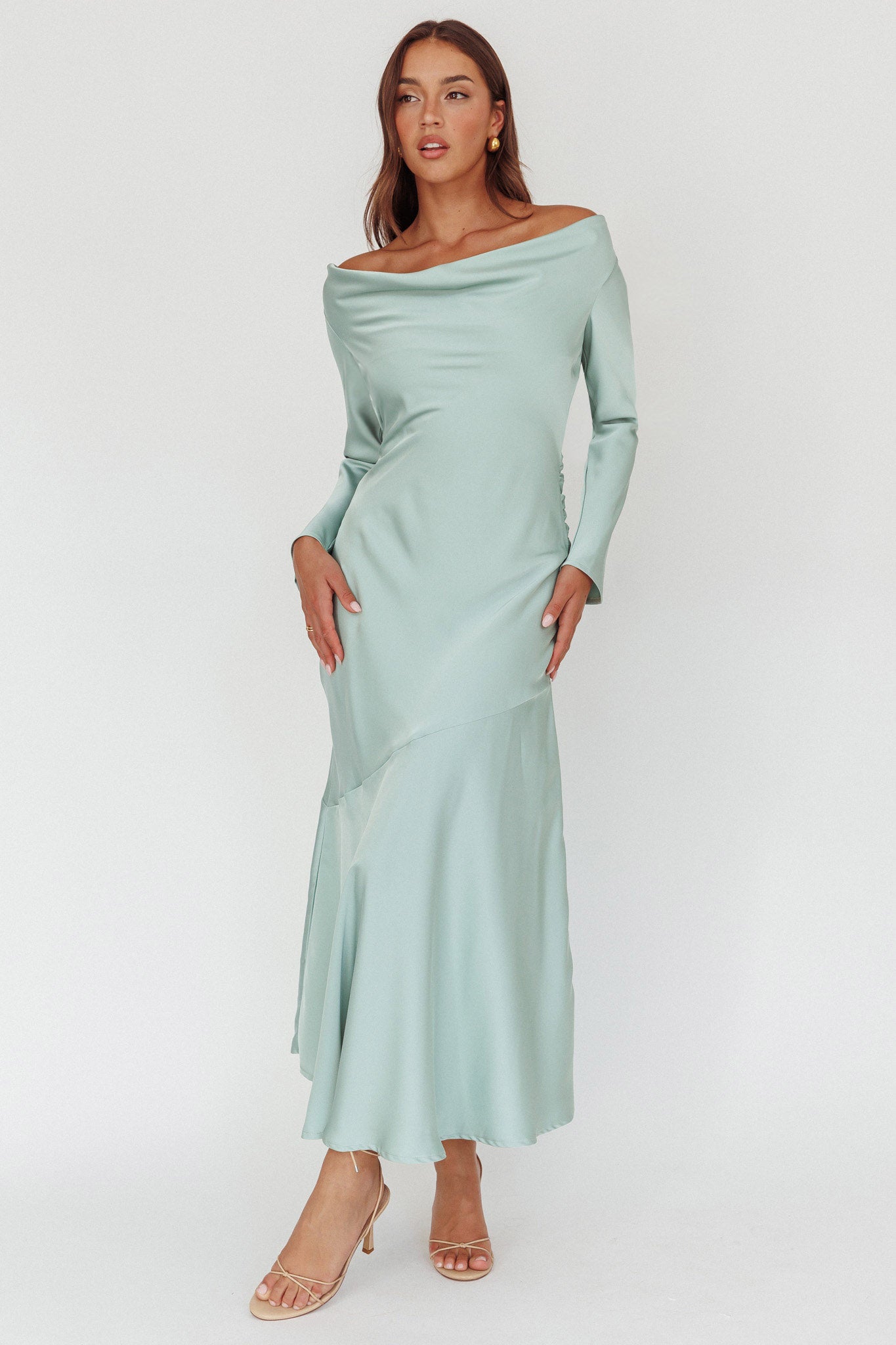 Cecilia Long Sleeve Drape Back Maxi Dress Sage-Fable Dress