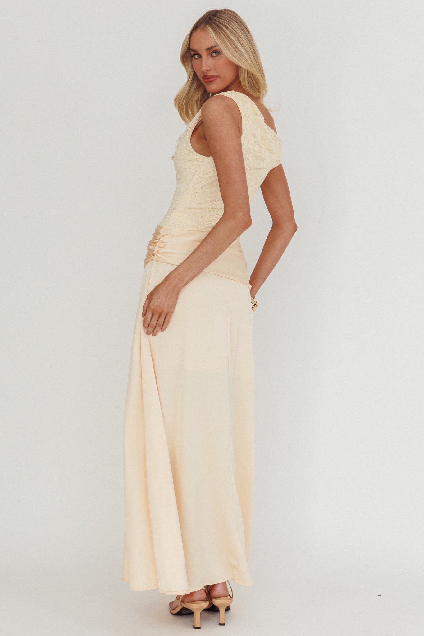 Diana Asymmetric Shoulder Pleat Waist Maxi Dress Butter-Fable Dress