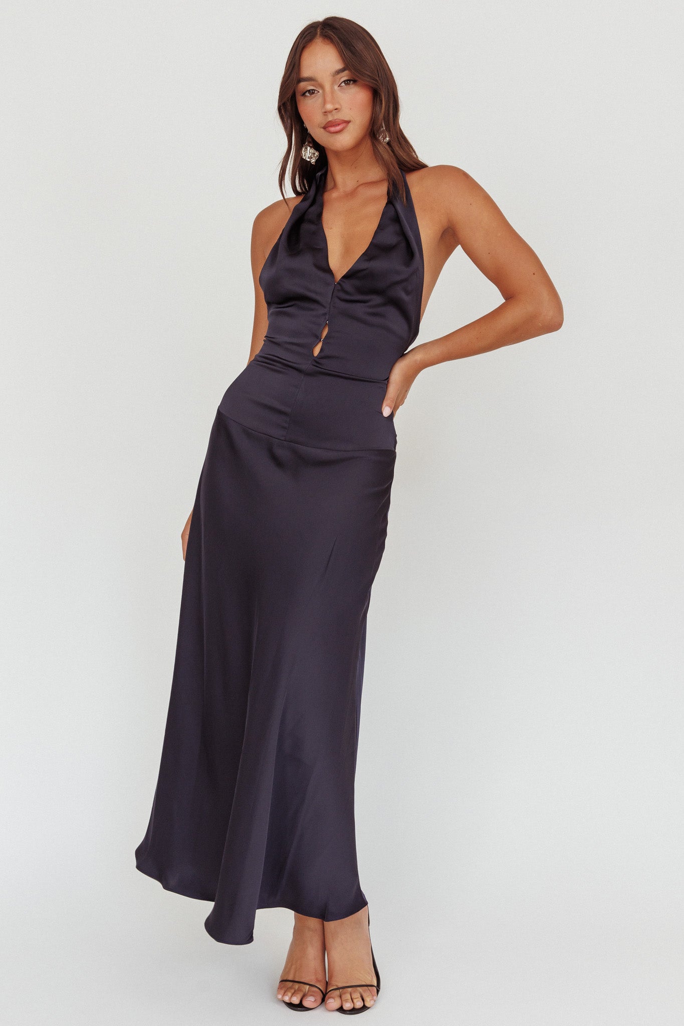 Elcie Drop Waist Halter Maxi Dress Navy-Fable Dress