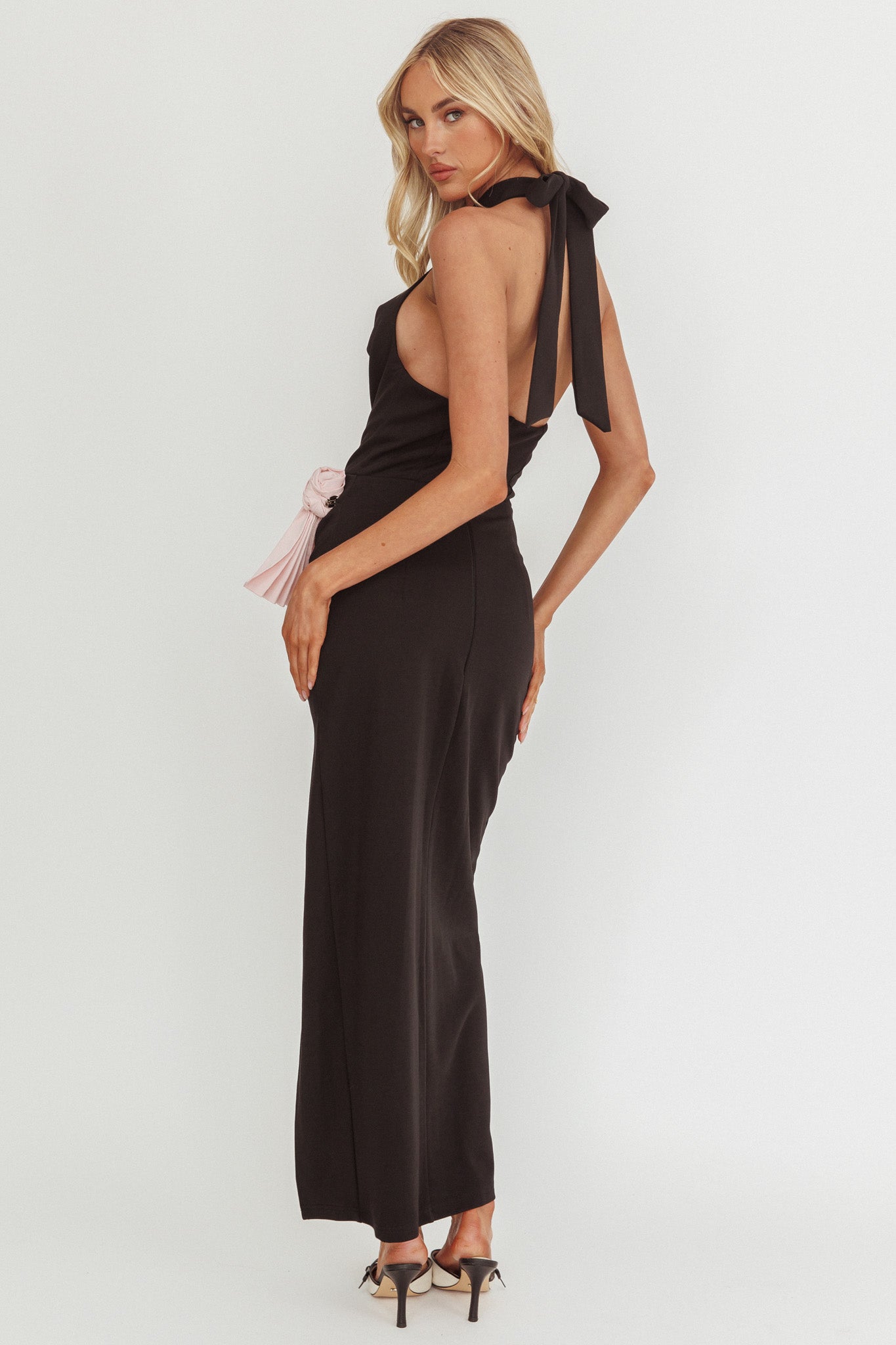 Charlene Cowl Halterneck Maxi Dress Black-Fable Dress