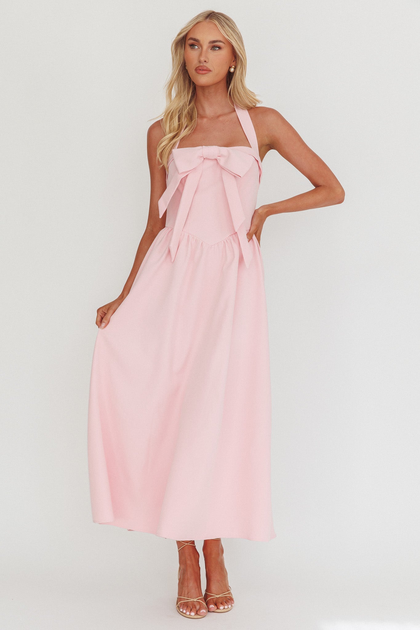 Ariarna Bow Halter Maxi Dress Pink Sorbet-Fable Dress