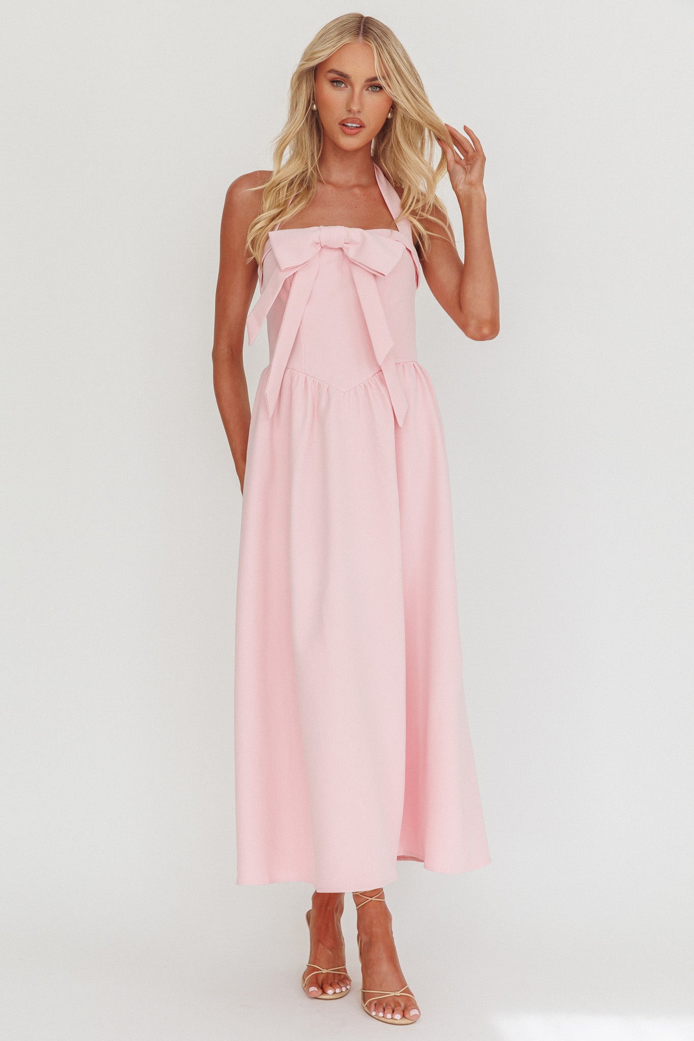 Ariarna Bow Halter Maxi Dress Pink Sorbet-Fable Dress