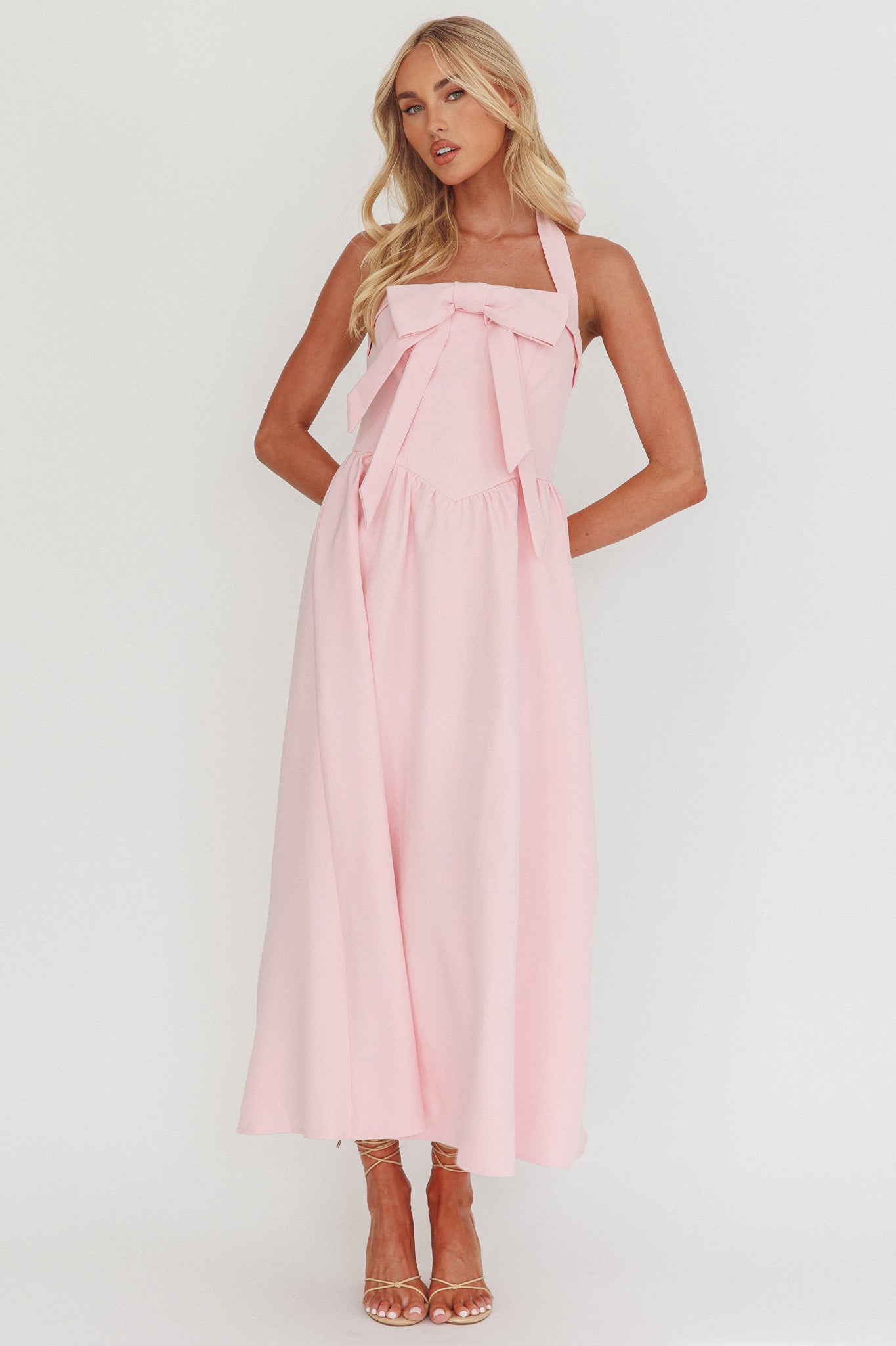 Ariarna Bow Halter Maxi Dress Pink Sorbet-Fable Dress