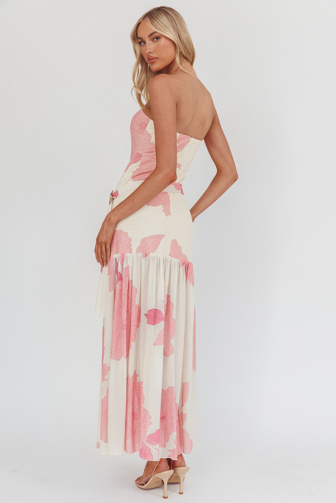 Antonella Strapless Waist Sash Maxi Dress Floral Pink-Fable Dress
