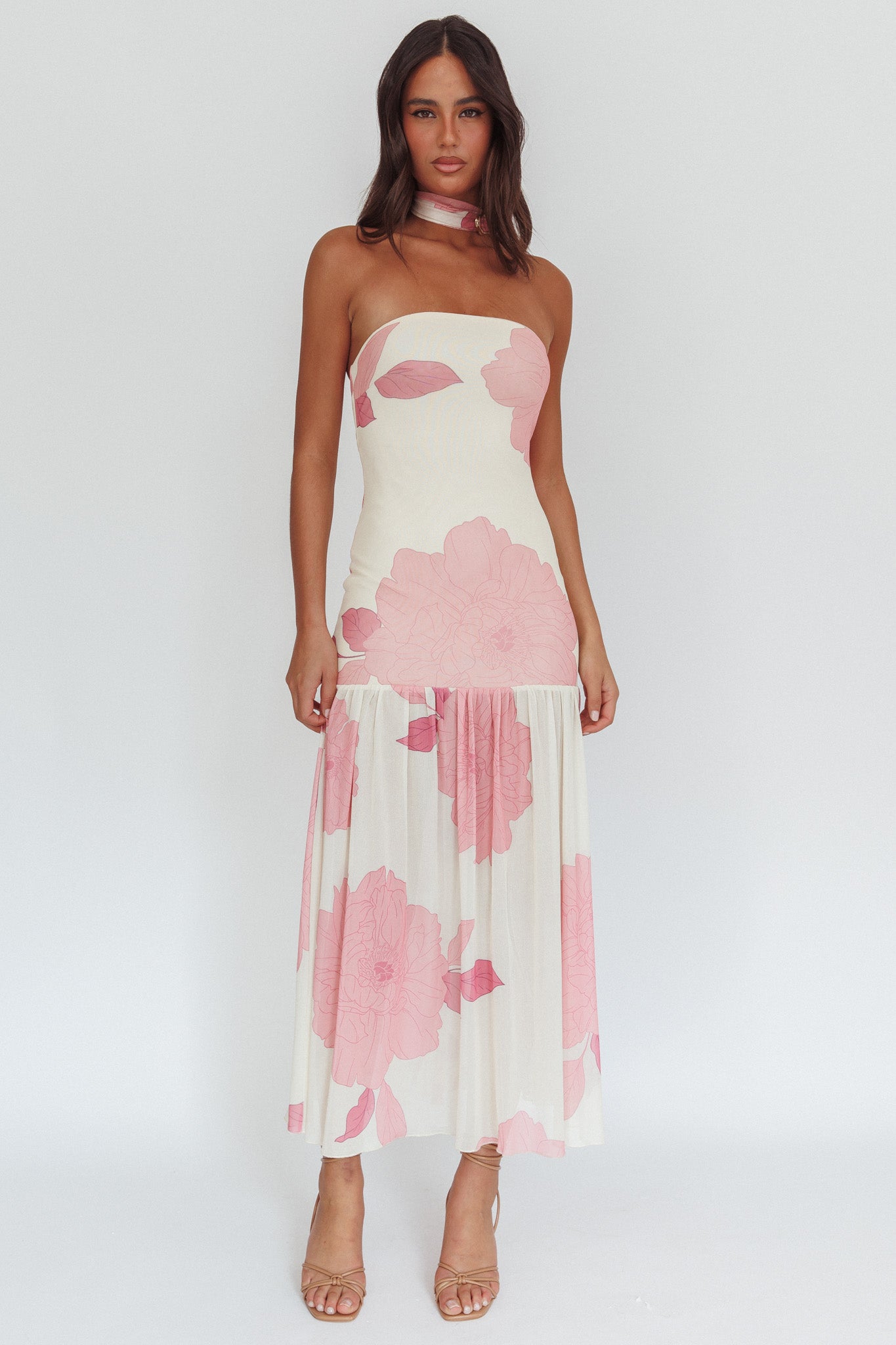 Antonella Strapless Waist Sash Maxi Dress Floral Pink-Fable Dress