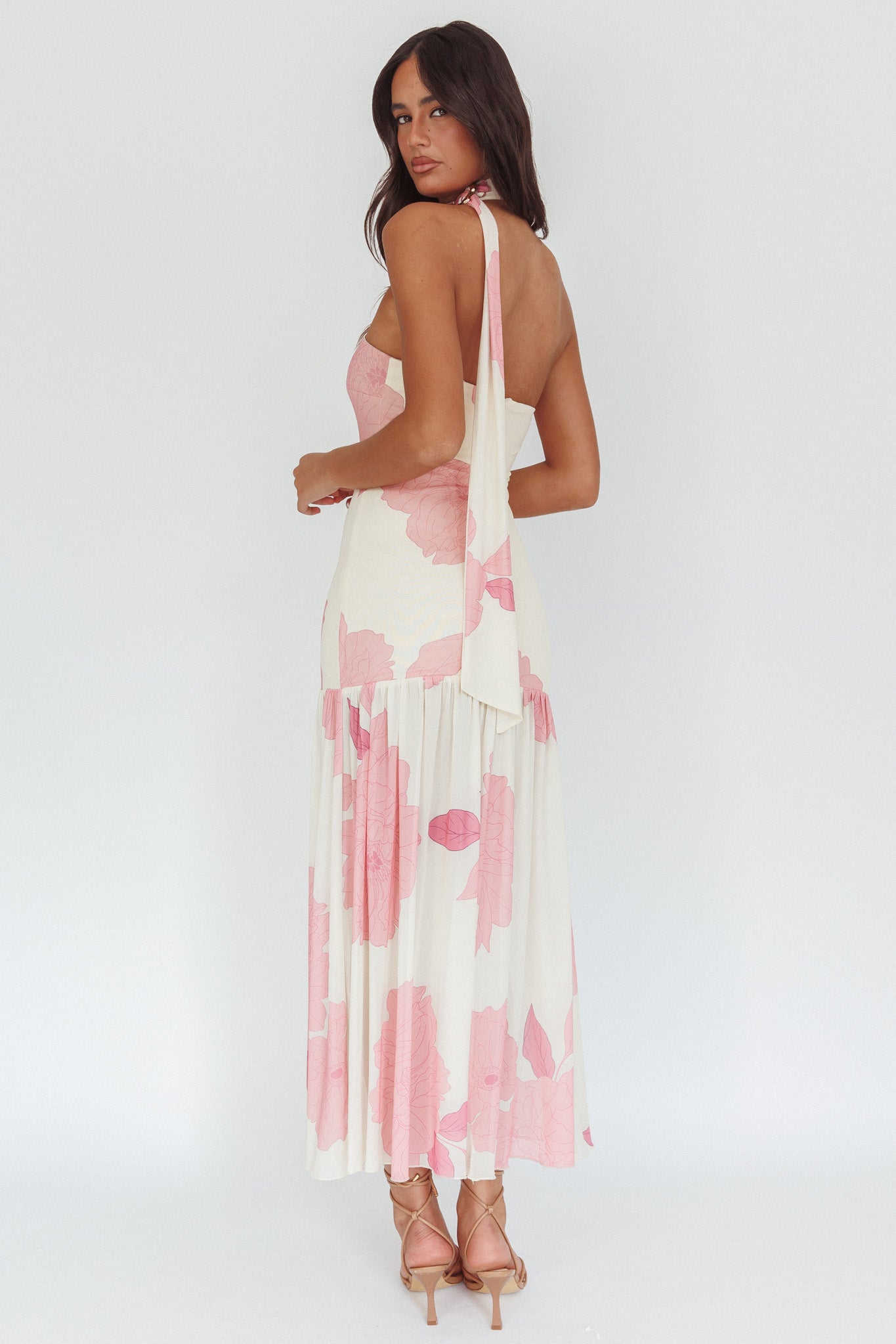 Antonella Strapless Waist Sash Maxi Dress Floral Pink-Fable Dress