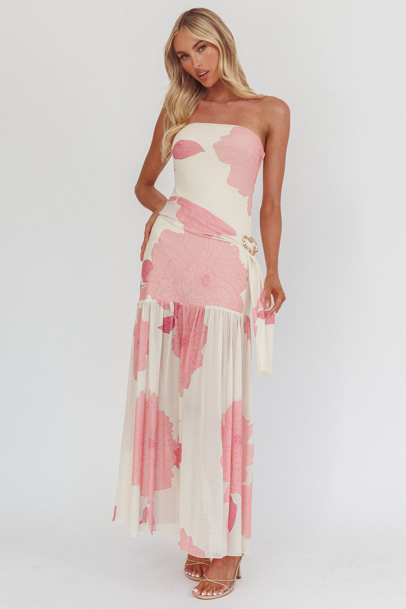 Antonella Strapless Waist Sash Maxi Dress Floral Pink-Fable Dress