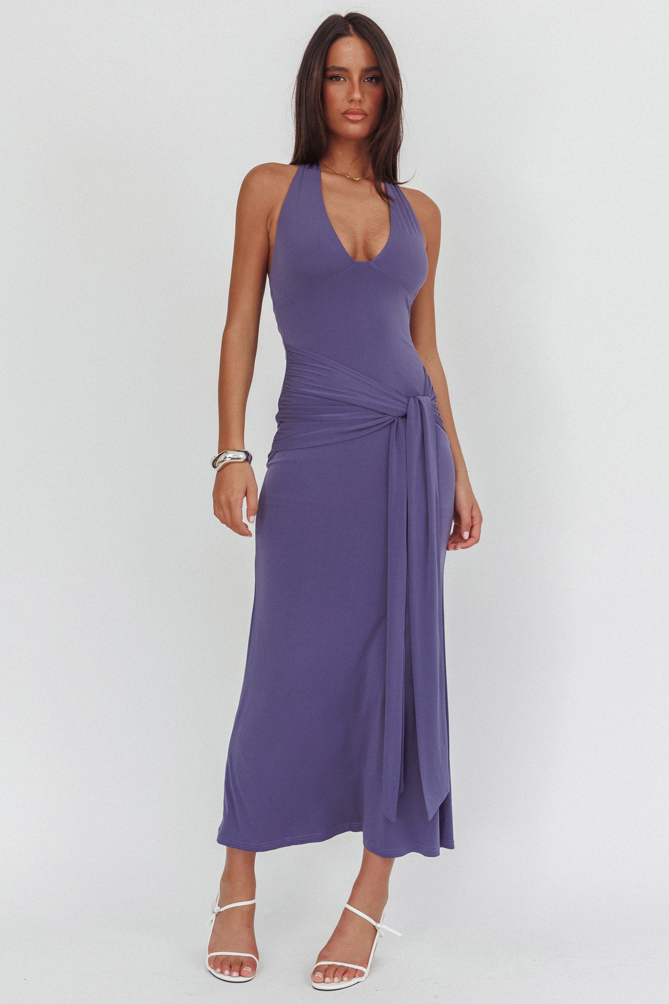 Matchmakers Sash Waist Halter Maxi Dress Taupe-Fable Dress