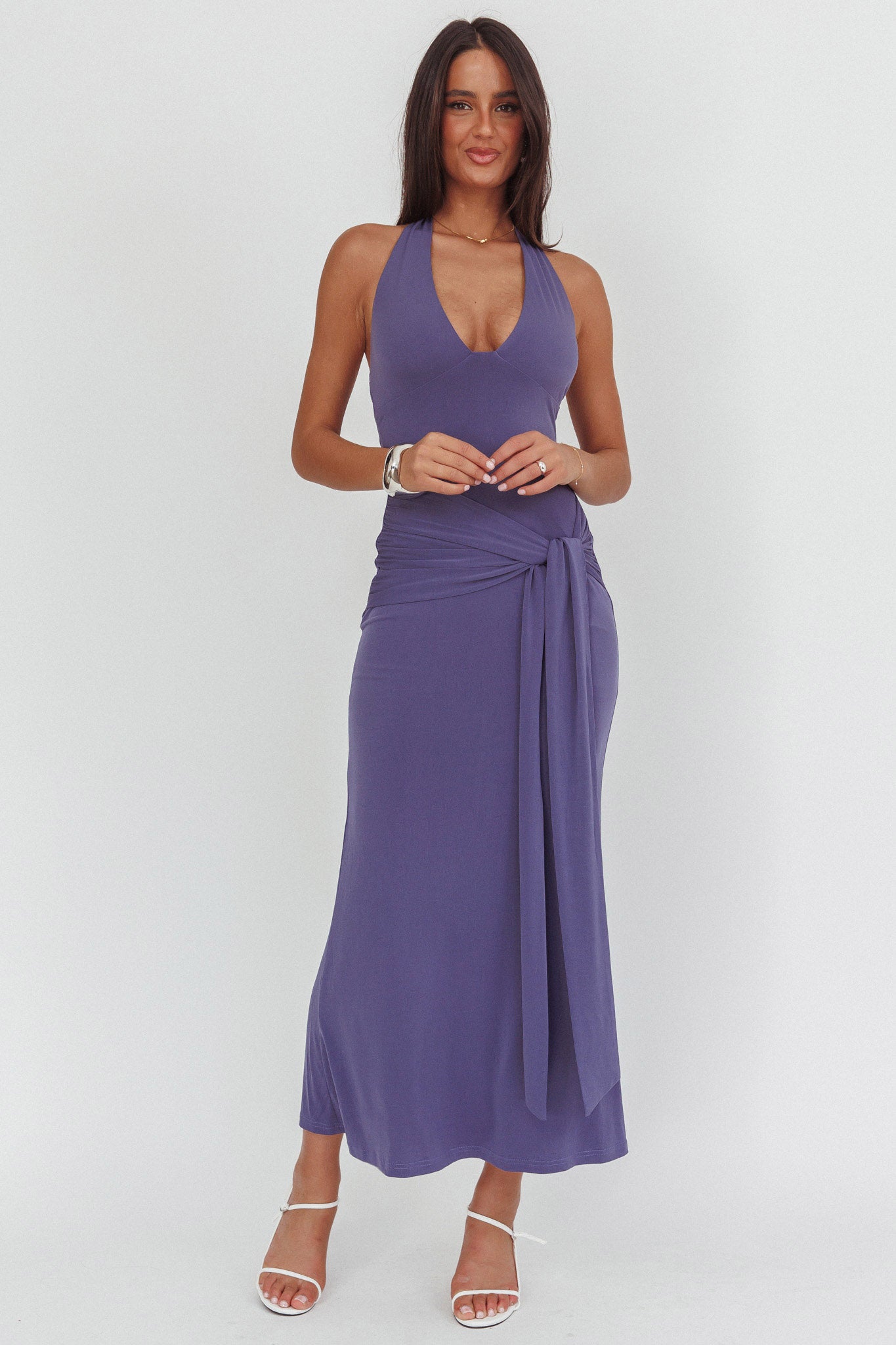 Matchmakers Sash Waist Halter Maxi Dress Taupe-Fable Dress