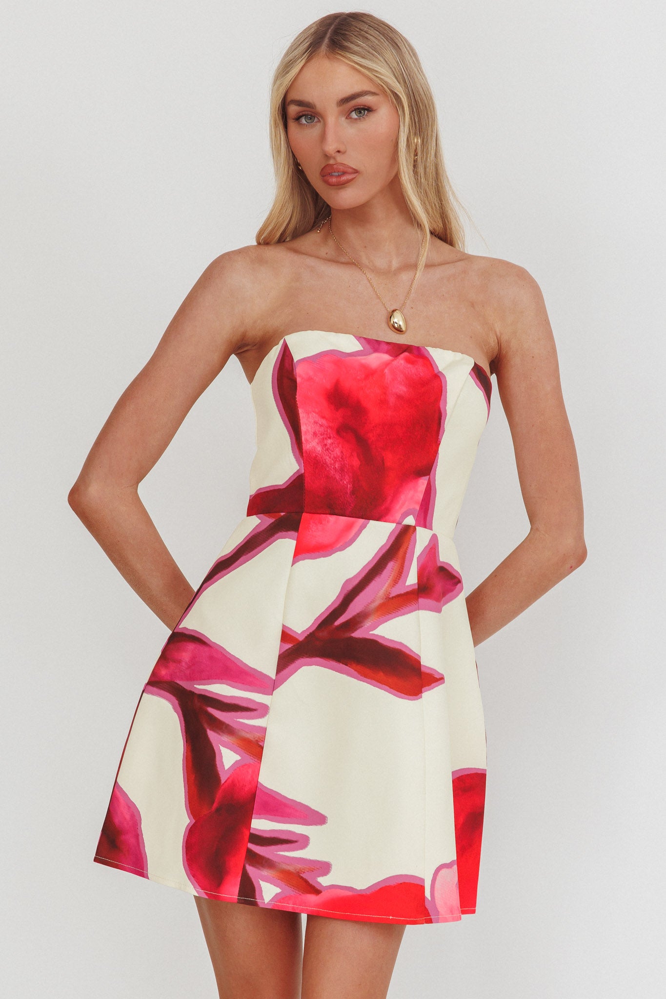 City Central Strapless A-Line Mini Dress Print Beige-Fable Dress