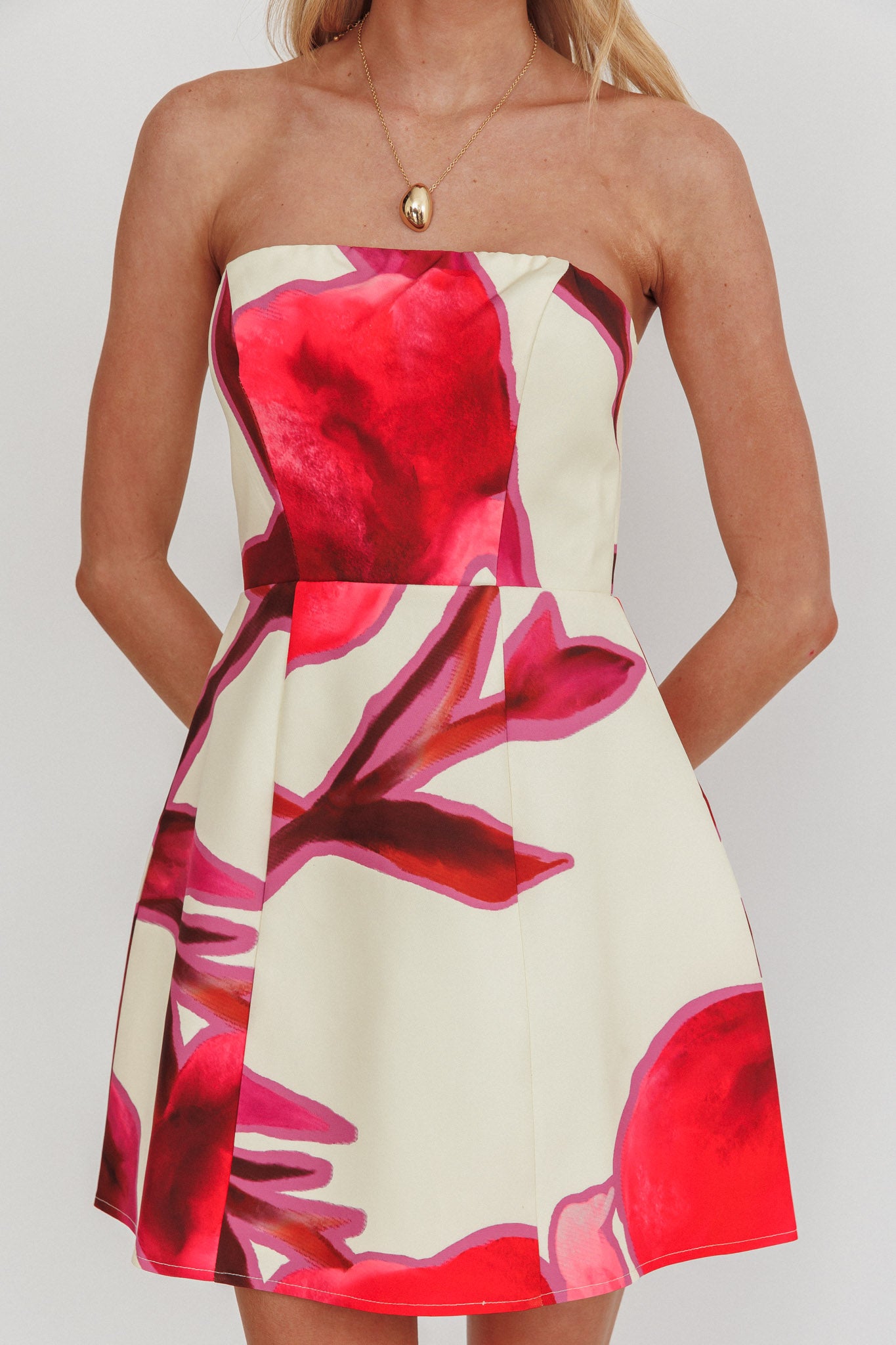 City Central Strapless A-Line Mini Dress Print Beige-Fable Dress